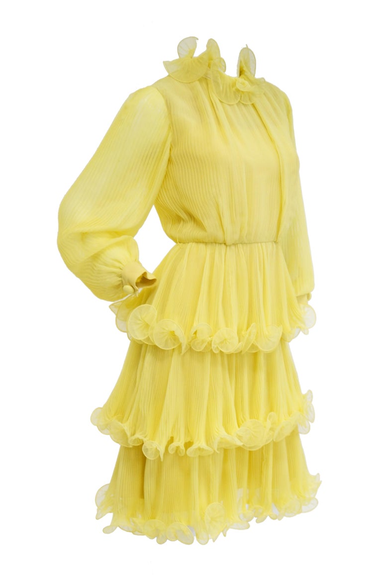 1960s Lemon Chiffon Curly Hem Cocktail Dress For Sale at 1stDibs