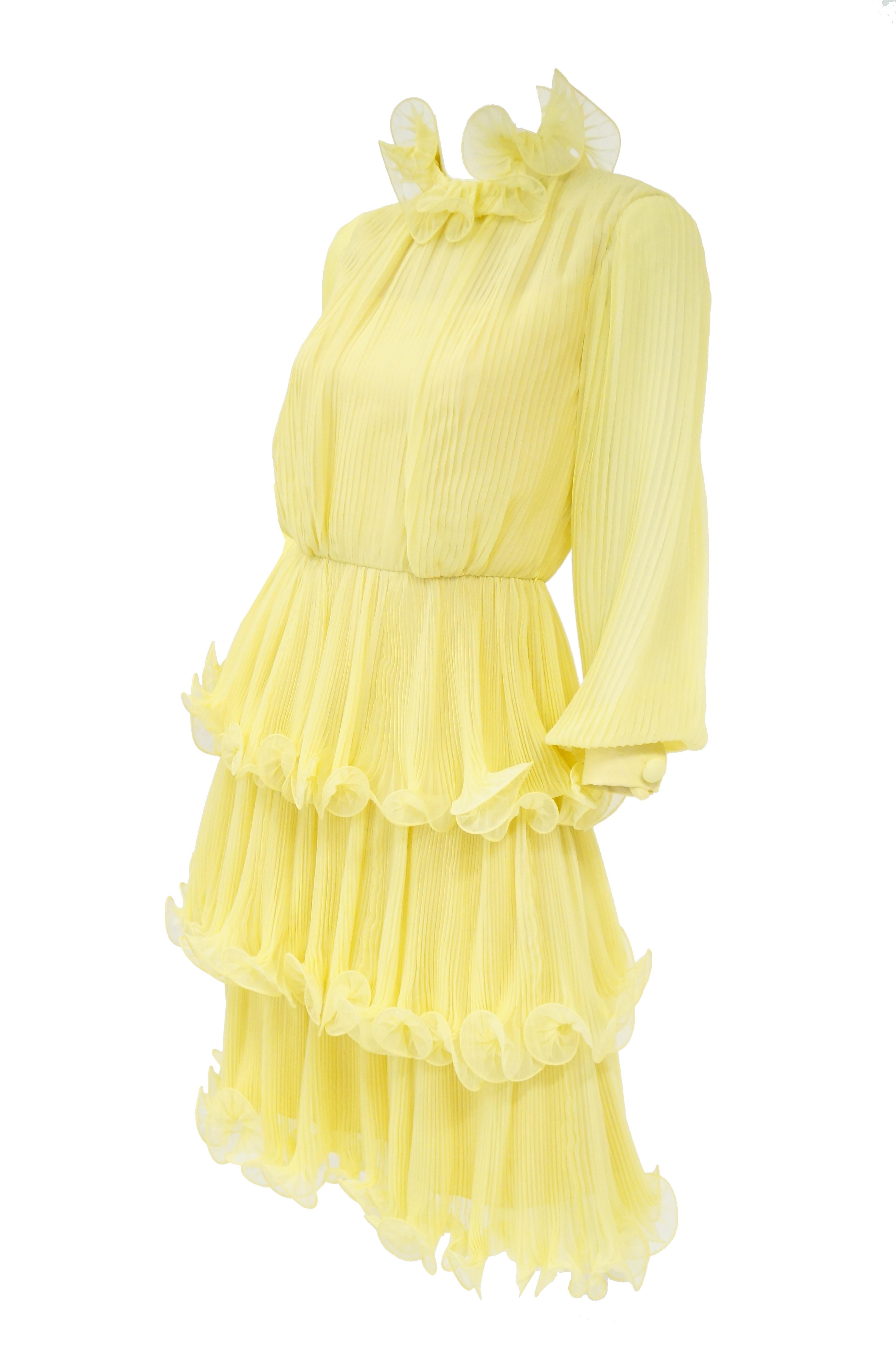 1960s Lemon Chiffon Curly Hem Cocktail Dress In Excellent Condition For Sale In Houston, TX