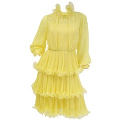 1960s Lemon Chiffon Curly Hem Cocktail Dress