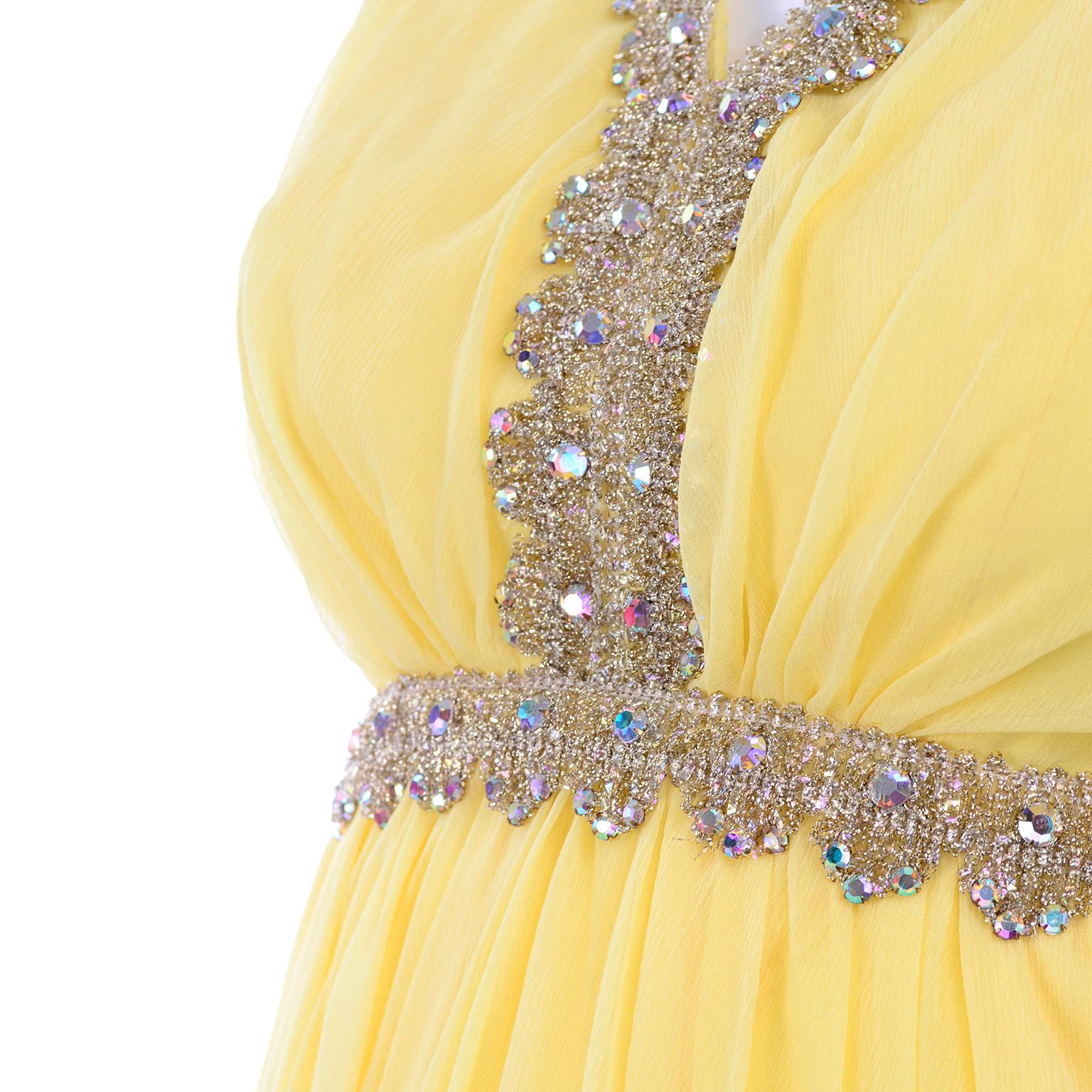 1960s Lemon Yellow Silk Chiffon Flyaway Evening Dress W Gold Trim & Rhinestones For Sale 2