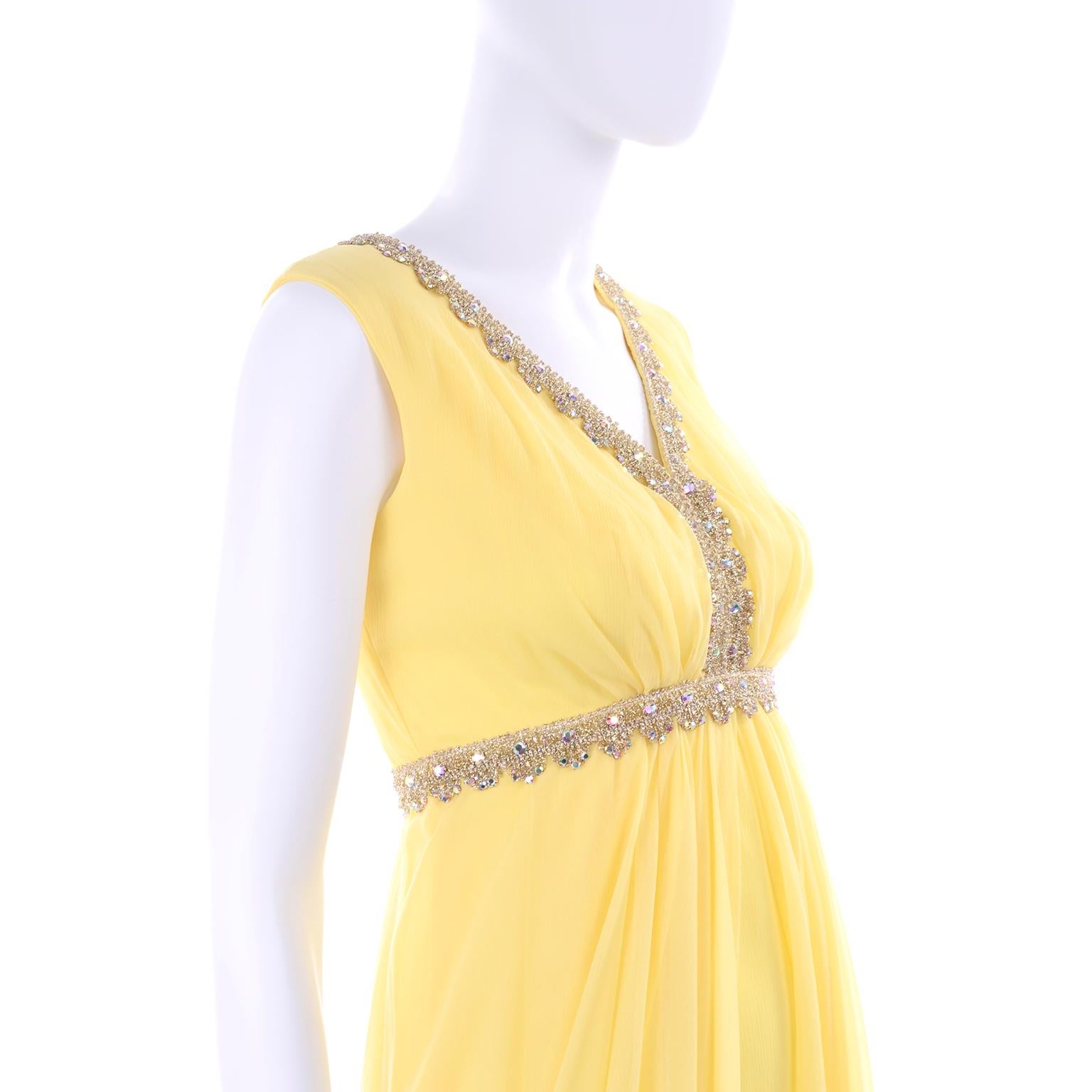 1960s Lemon Yellow Silk Chiffon Flyaway Evening Dress W Gold Trim & Rhinestones For Sale 3