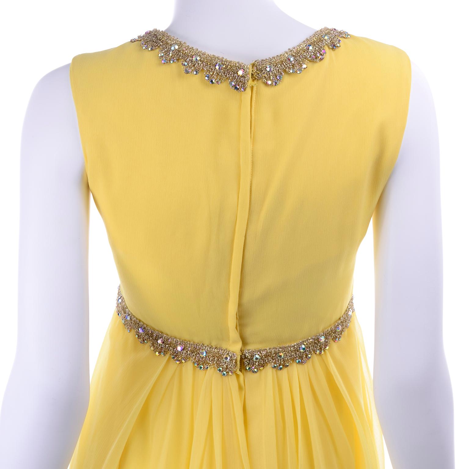 1960s Lemon Yellow Silk Chiffon Flyaway Evening Dress W Gold Trim & Rhinestones For Sale 4