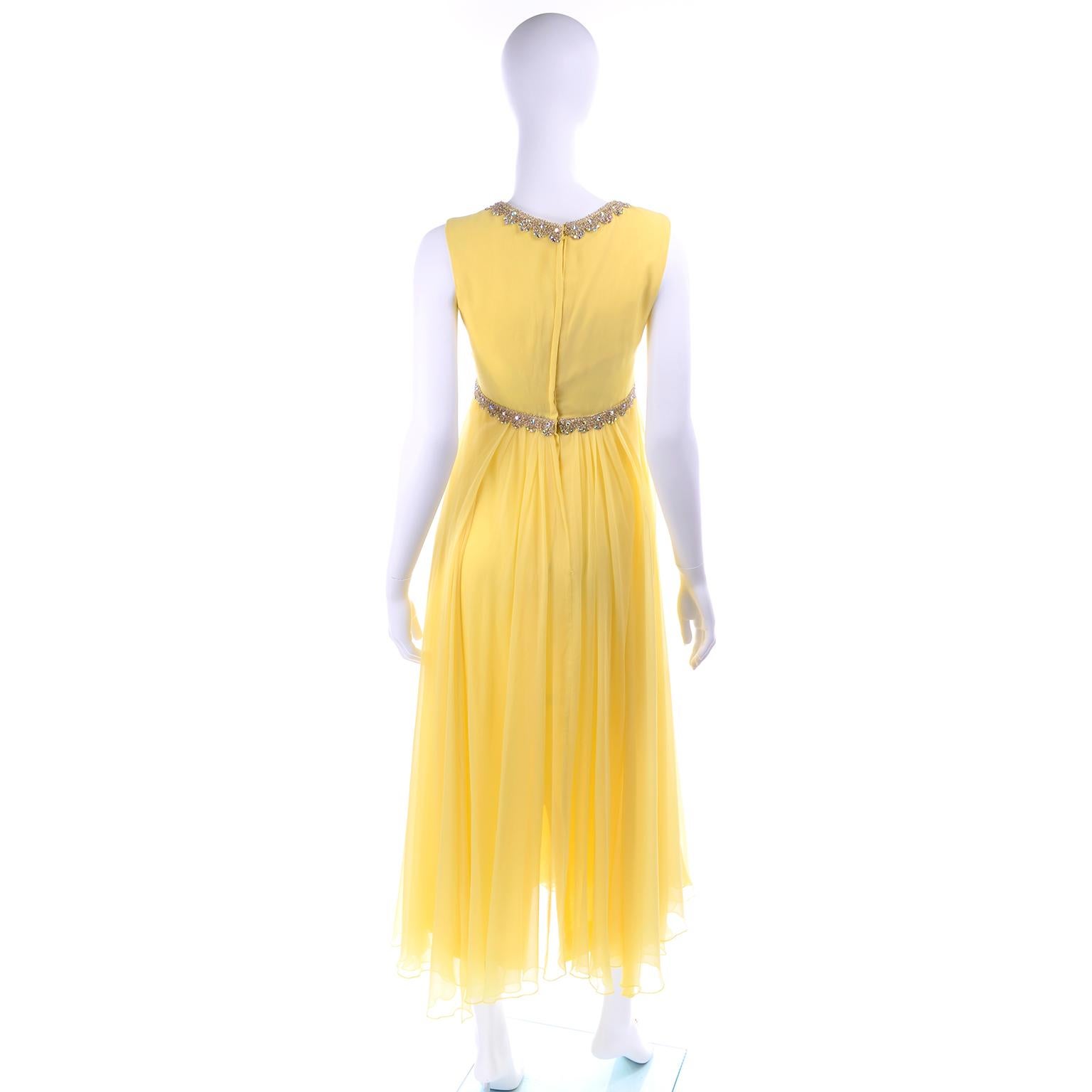 Orange 1960s Lemon Yellow Silk Chiffon Flyaway Evening Dress W Gold Trim & Rhinestones For Sale