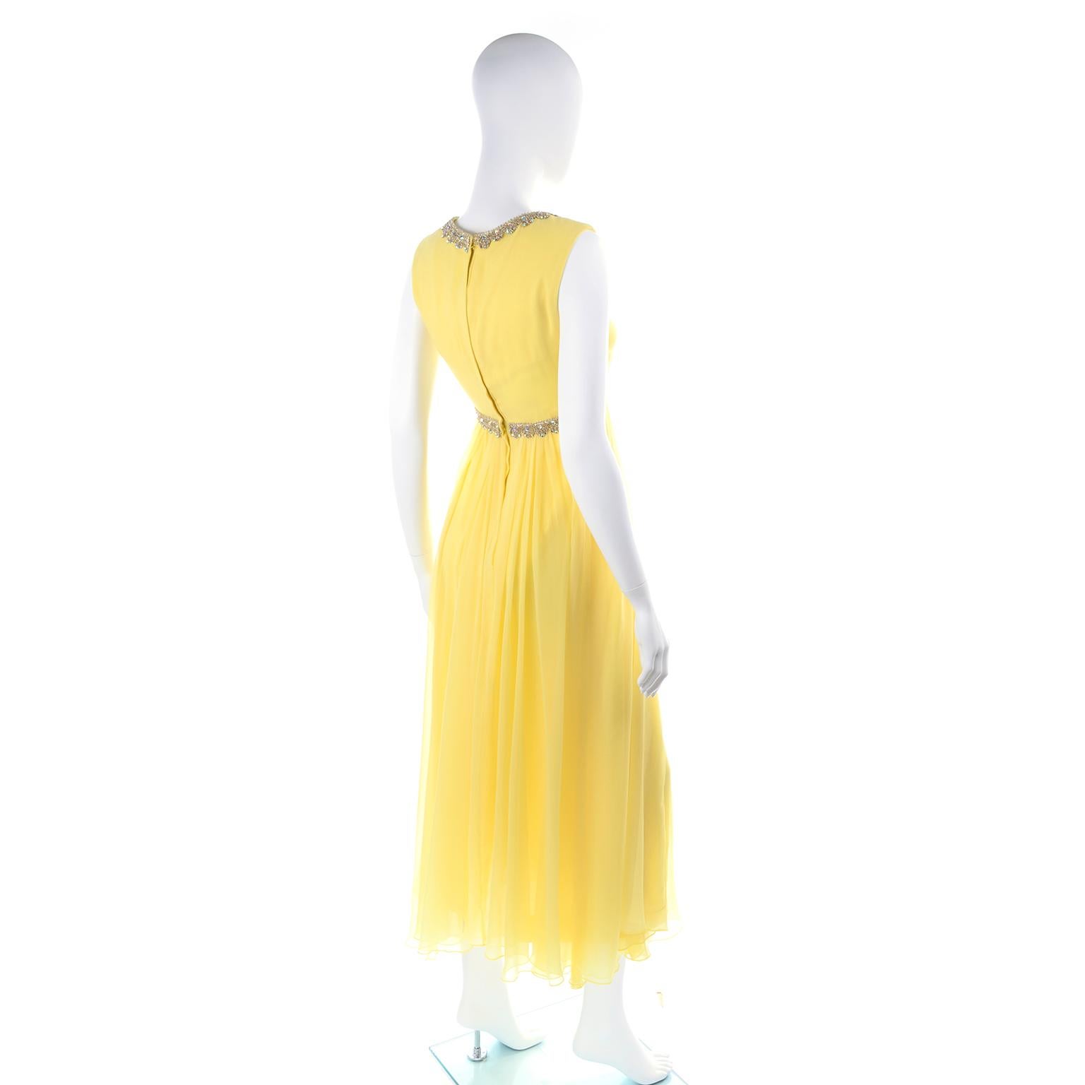 1960s Lemon Yellow Silk Chiffon Flyaway Evening Dress W Gold Trim & Rhinestones In Good Condition For Sale In Portland, OR