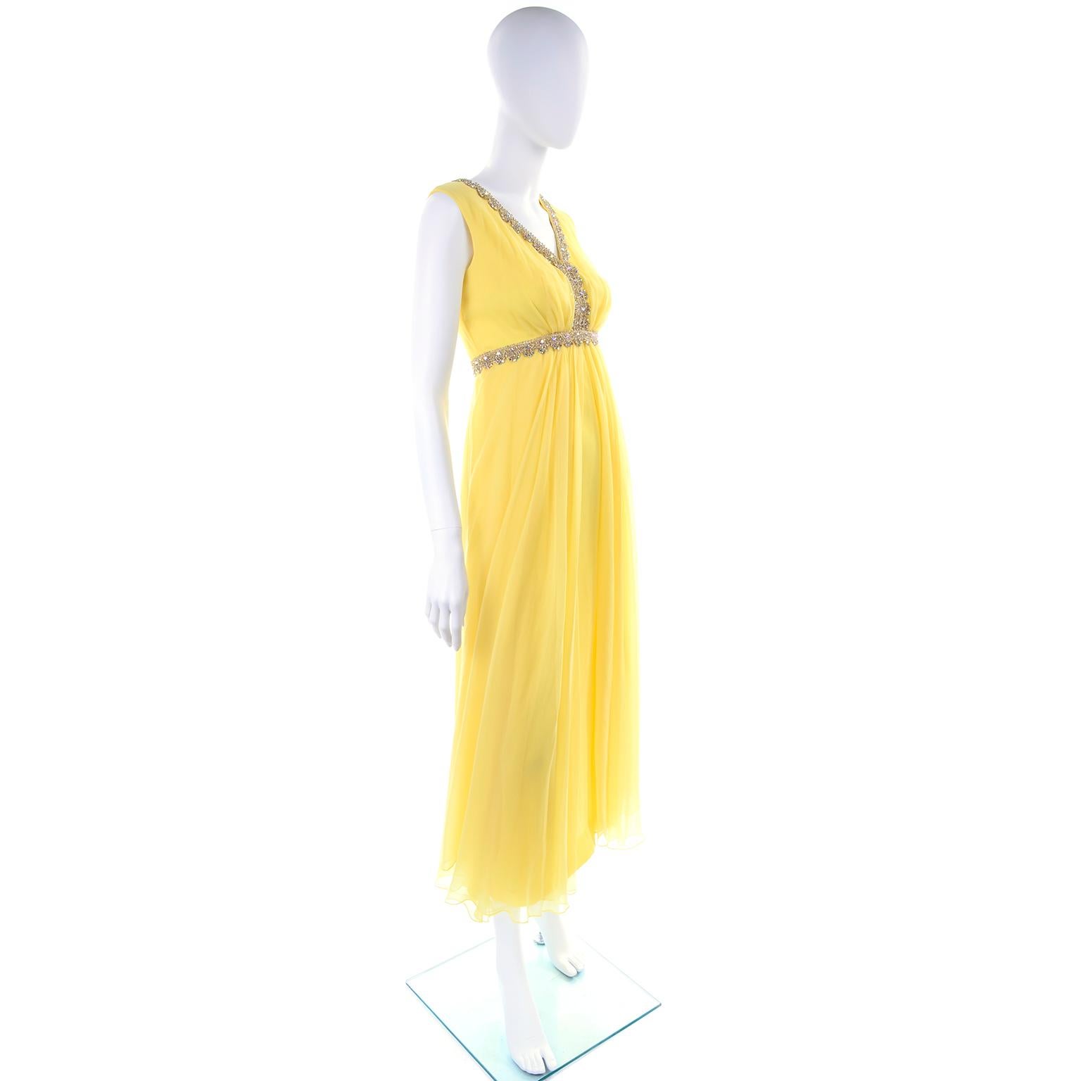 Women's 1960s Lemon Yellow Silk Chiffon Flyaway Evening Dress W Gold Trim & Rhinestones For Sale