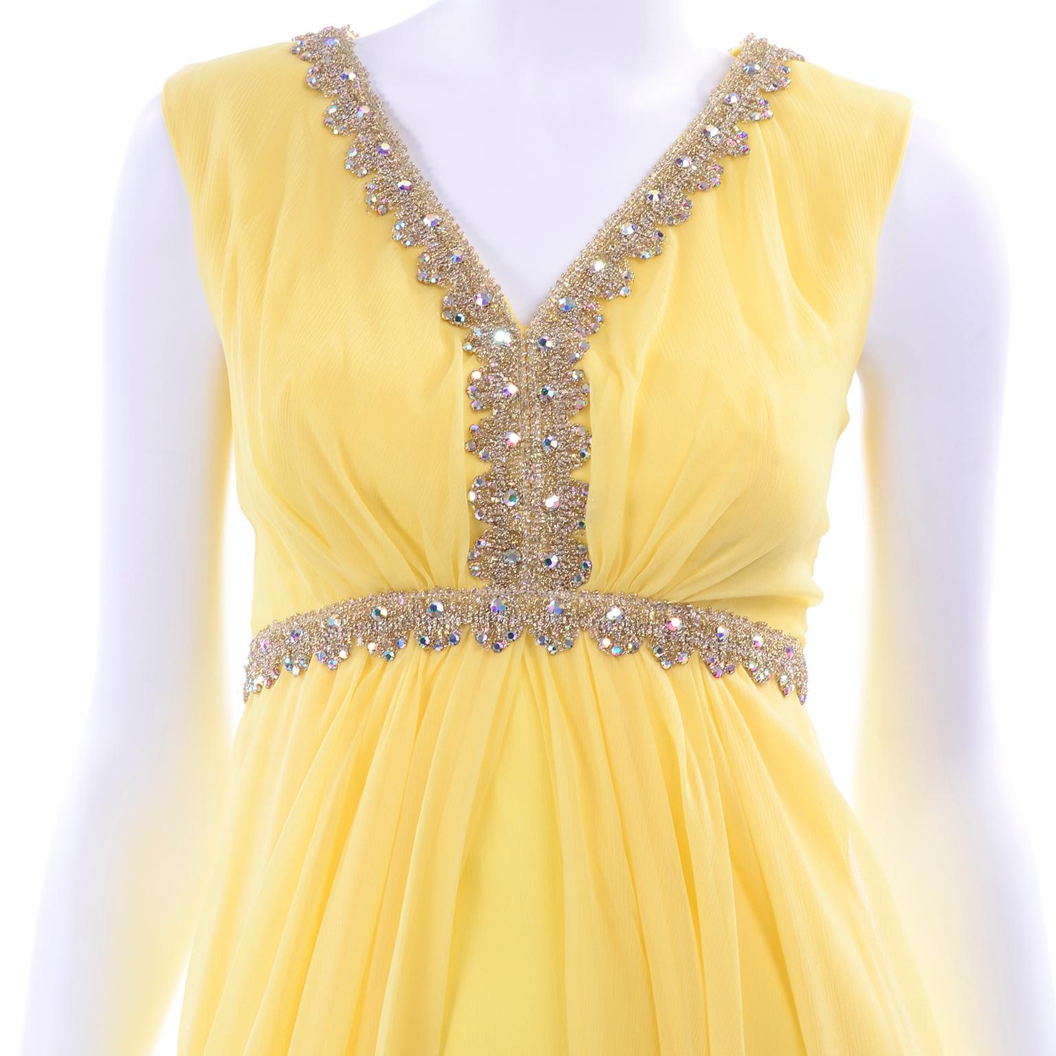 1960s Lemon Yellow Silk Chiffon Flyaway Evening Dress W Gold Trim & Rhinestones For Sale 1