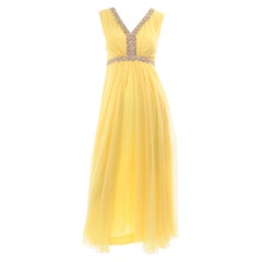 1960s Lemon Yellow Silk Chiffon Flyaway Evening Dress W Gold Trim & Rhinestones