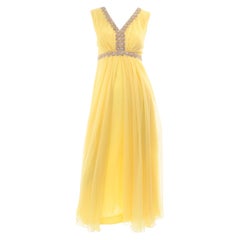 Retro 1960s Lemon Yellow Silk Chiffon Flyaway Evening Dress W Gold Trim & Rhinestones