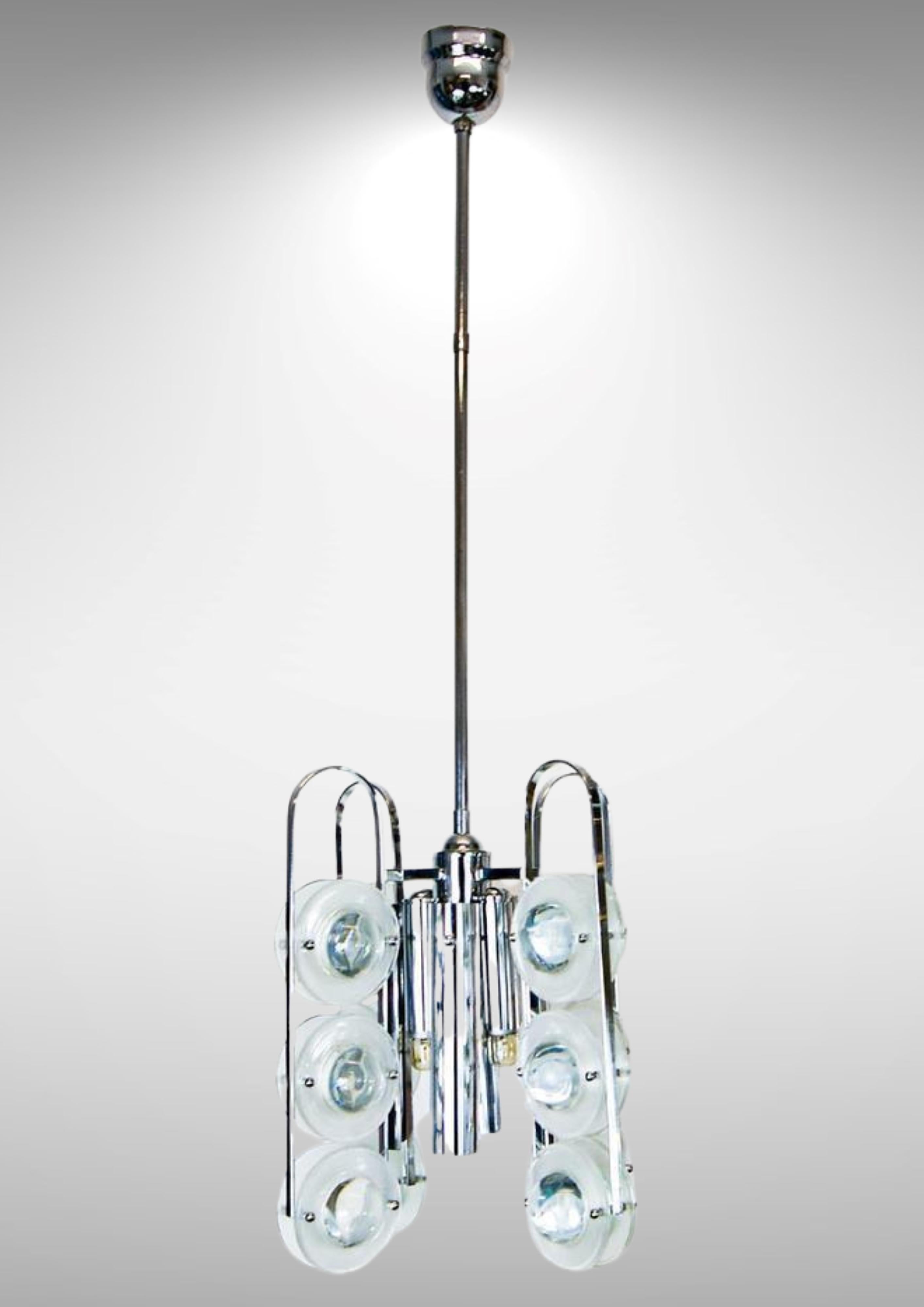 Pressed 1960s Lenticular Glass Discs Chandelier by Oscar Torlasco for Stilkronen