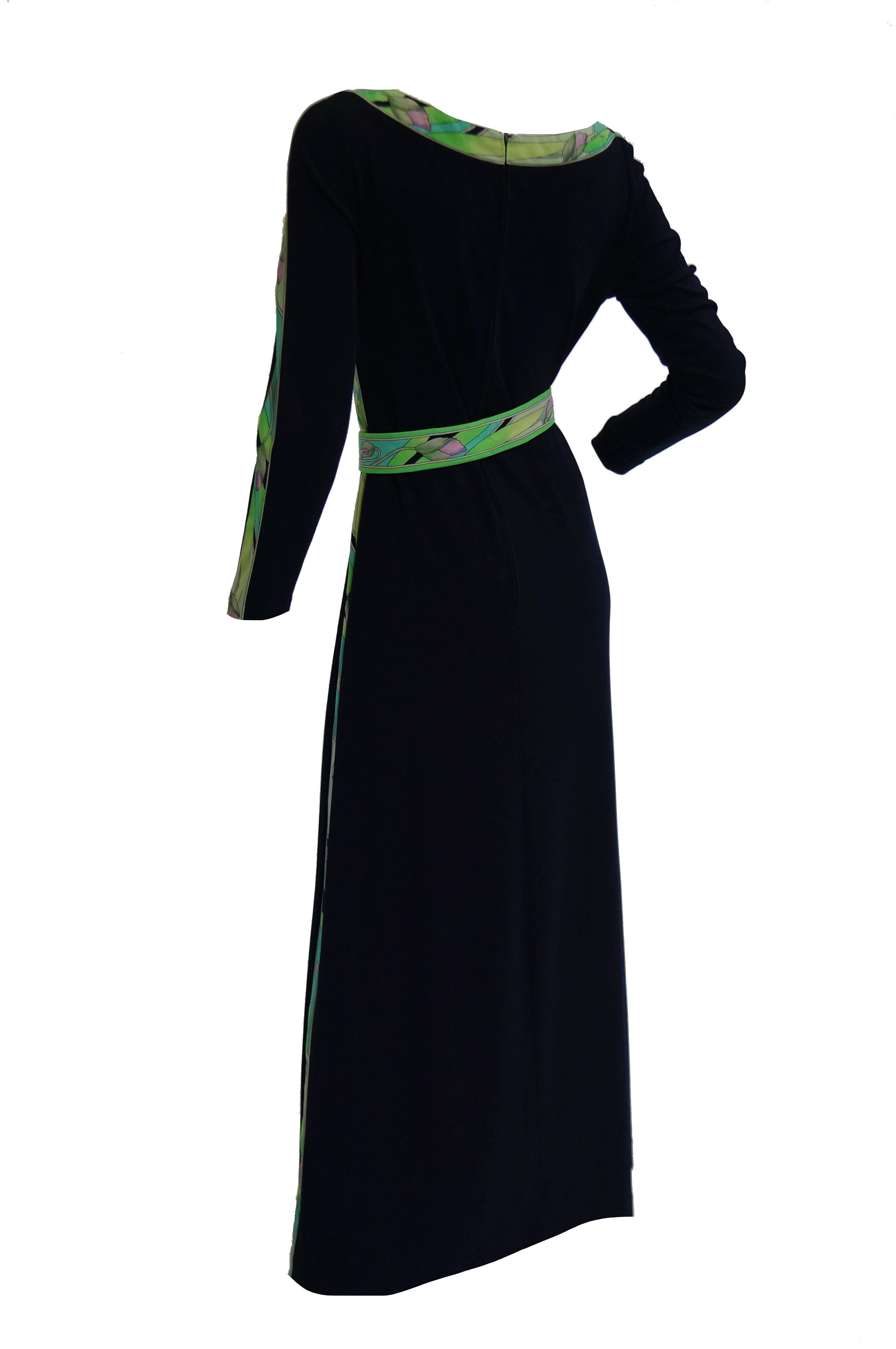 1960s Leonard Black Knit Maxi Dress with Green Floral Contrast 6