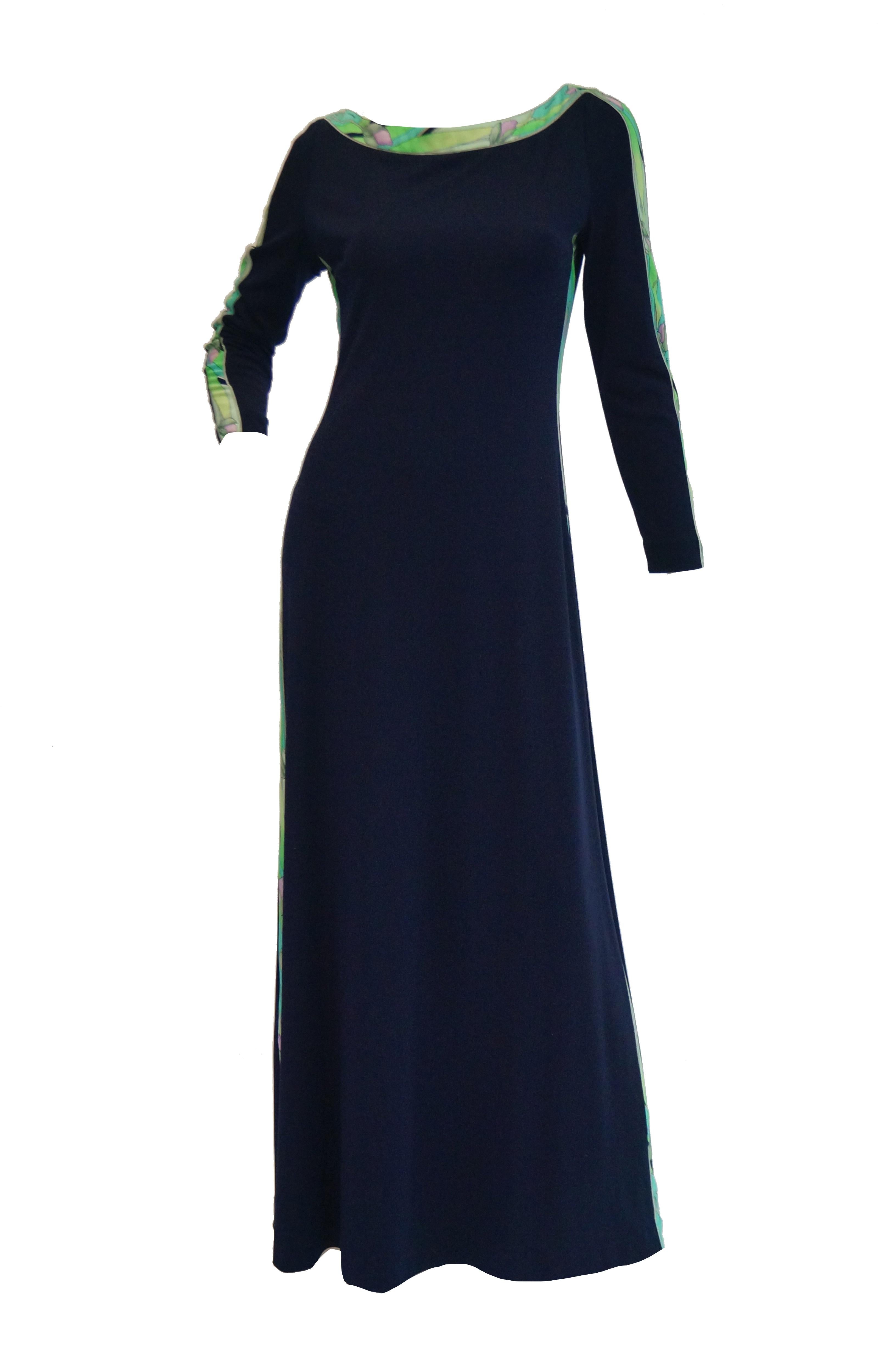1960s Leonard Black Knit Maxi Dress with Green Floral Contrast 7