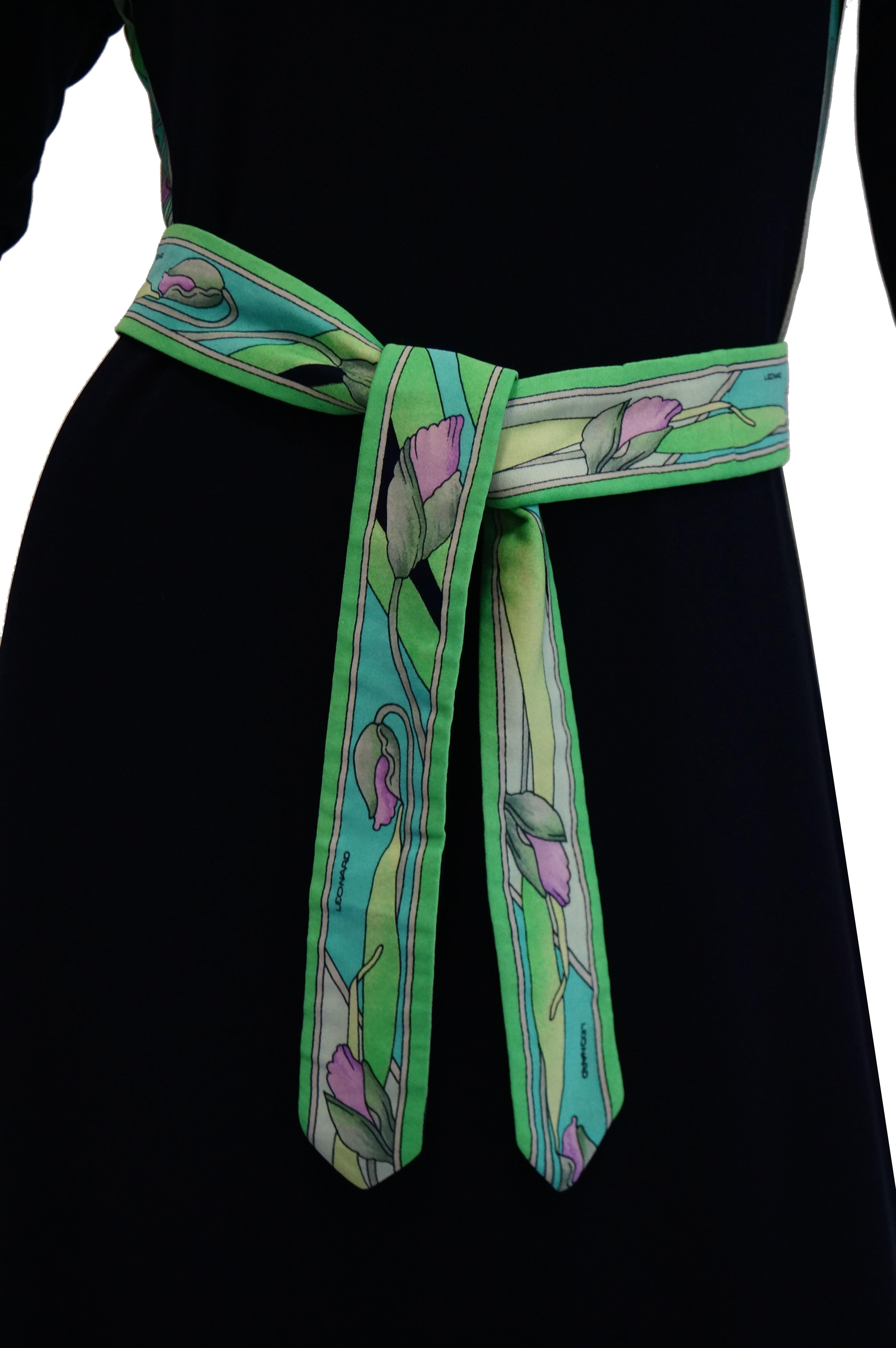 1960s Leonard Black Knit Maxi Dress with Green Floral Contrast In Excellent Condition In Houston, TX