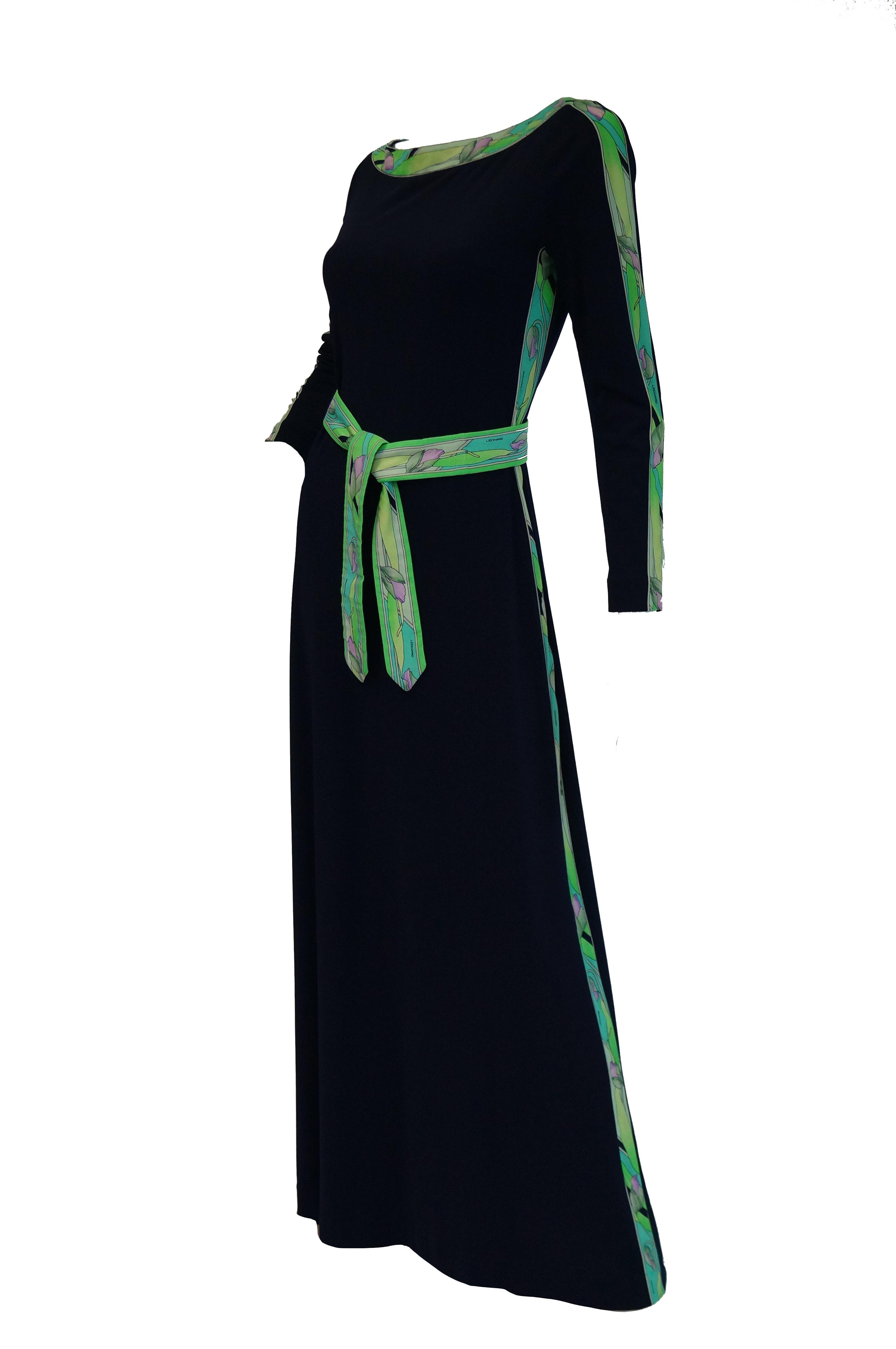 Women's 1960s Leonard Black Knit Maxi Dress with Green Floral Contrast