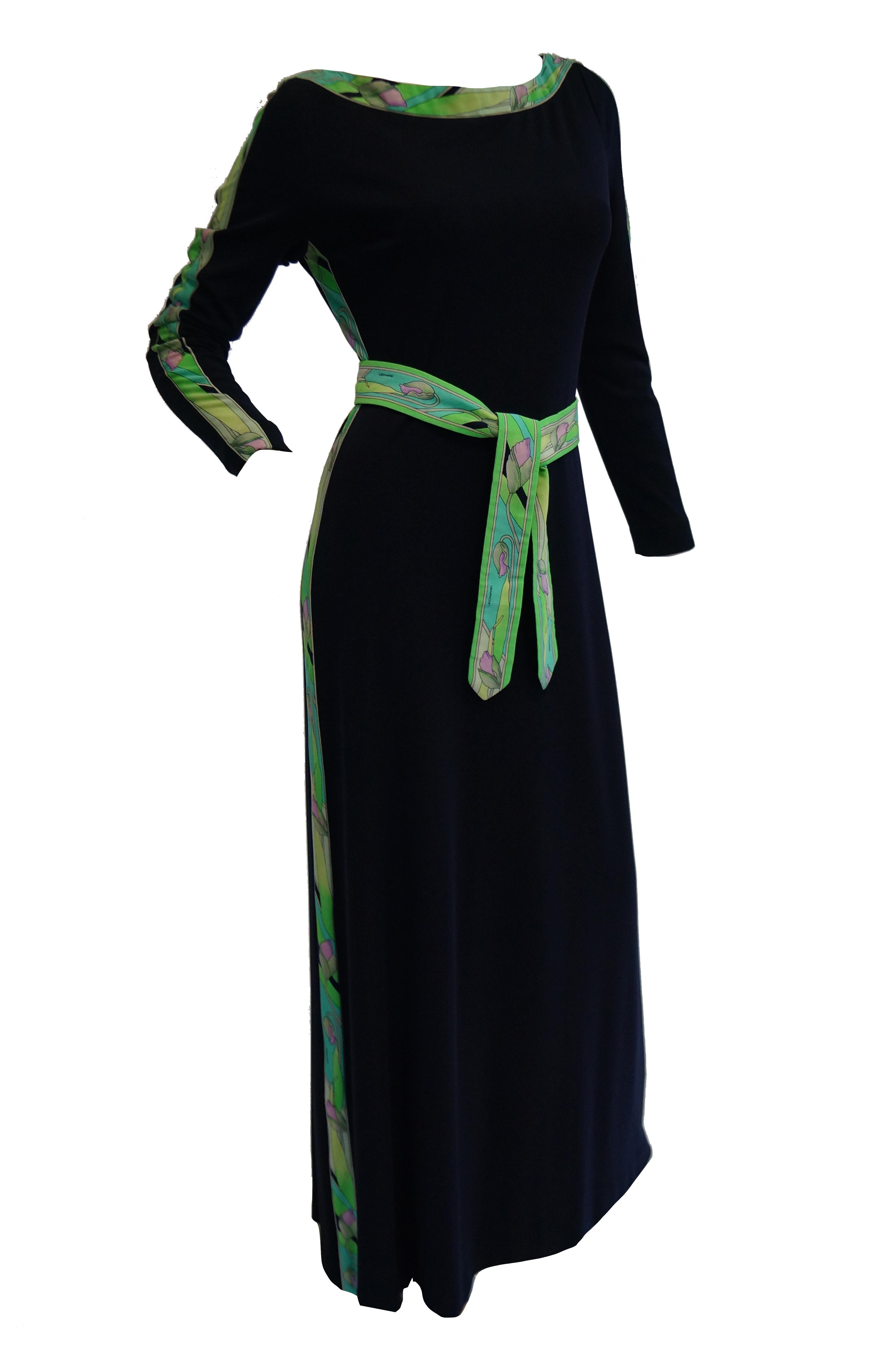 1960s Leonard Black Knit Maxi Dress with Green Floral Contrast 1