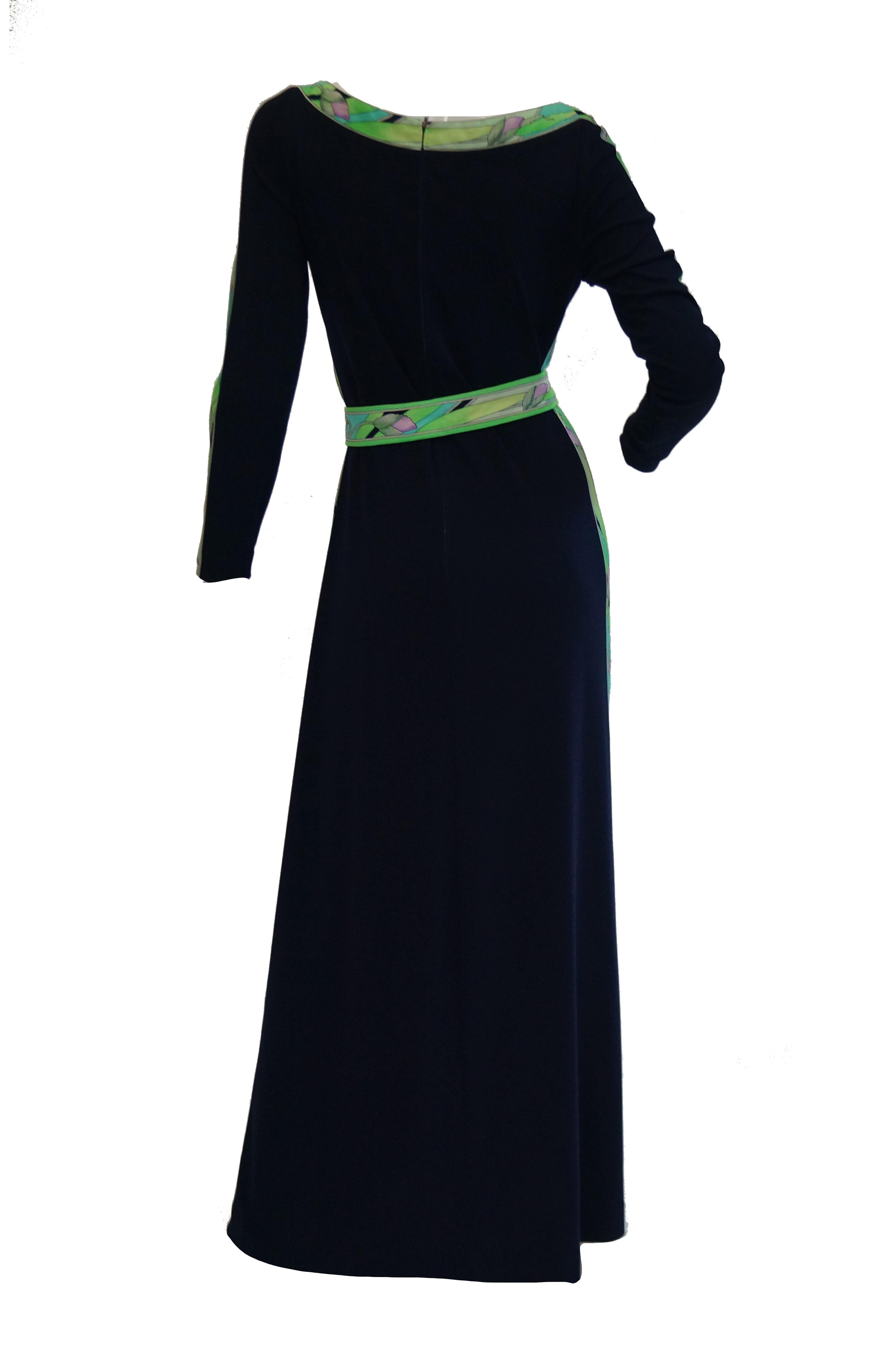 1960s Leonard Black Knit Maxi Dress with Green Floral Contrast 4