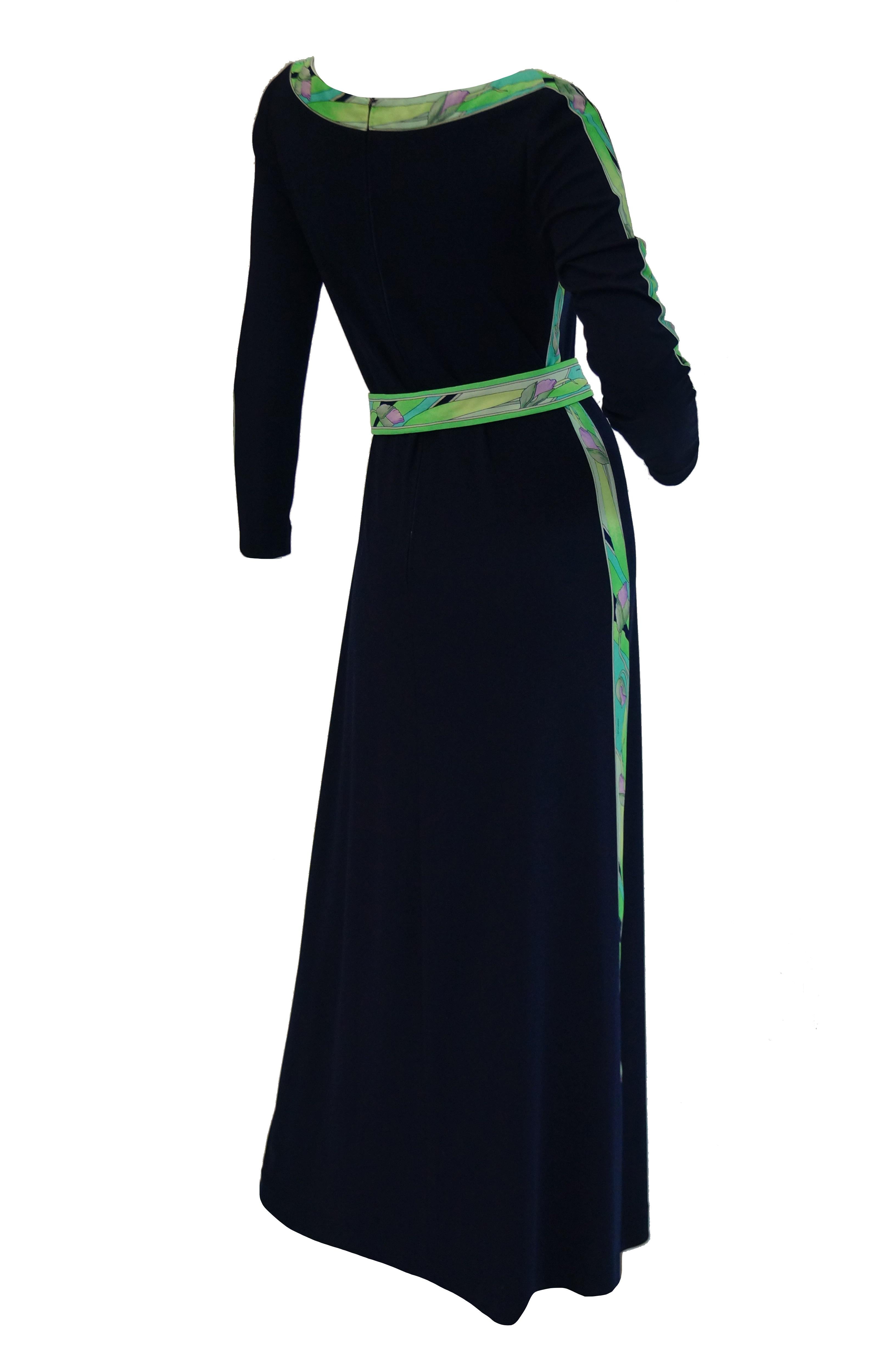 1960s Leonard Black Knit Maxi Dress with Green Floral Contrast 5