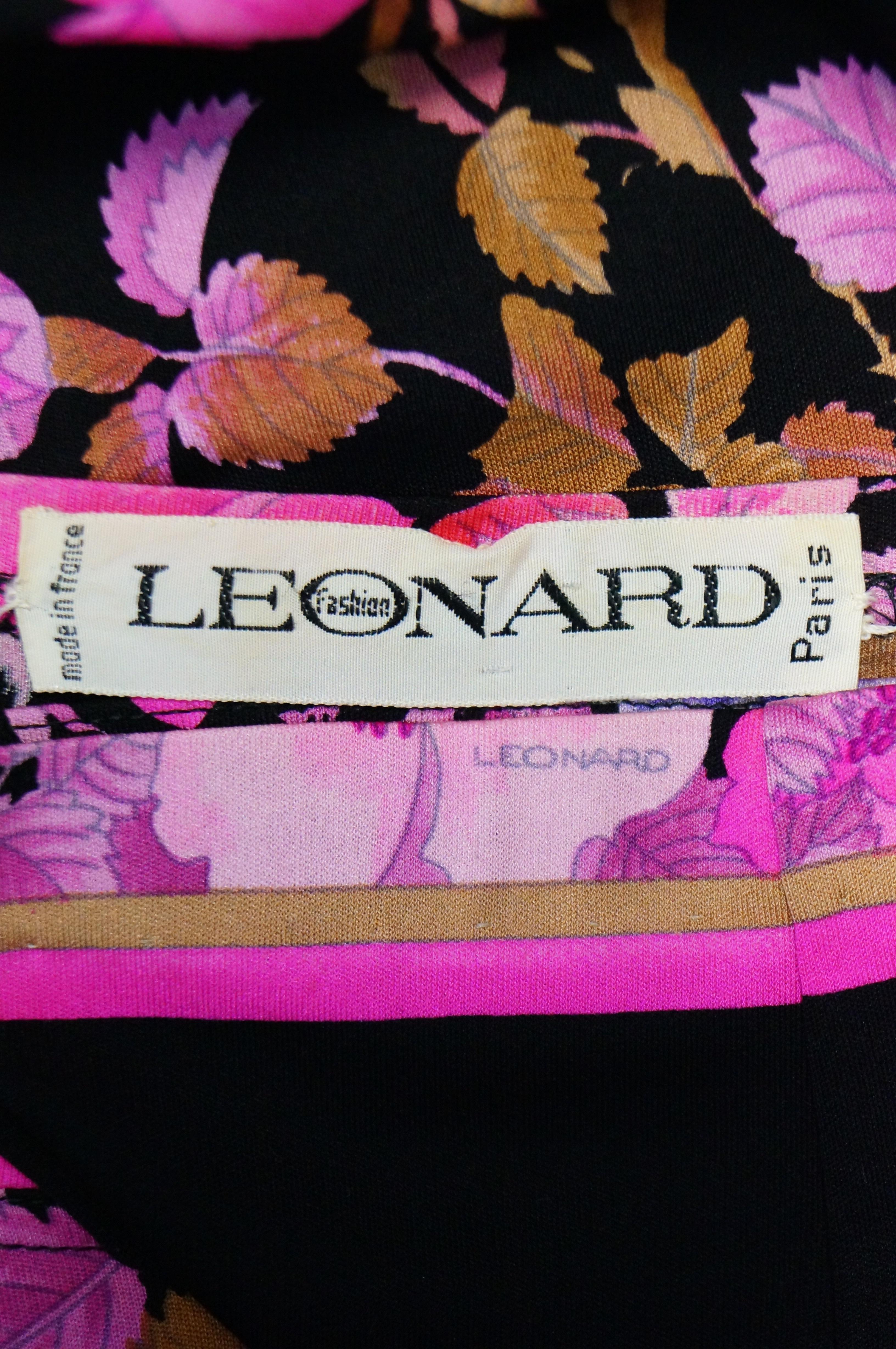 1960s Leonard Black & Pink Floral Silk Jersey Midi Dress For Sale 3