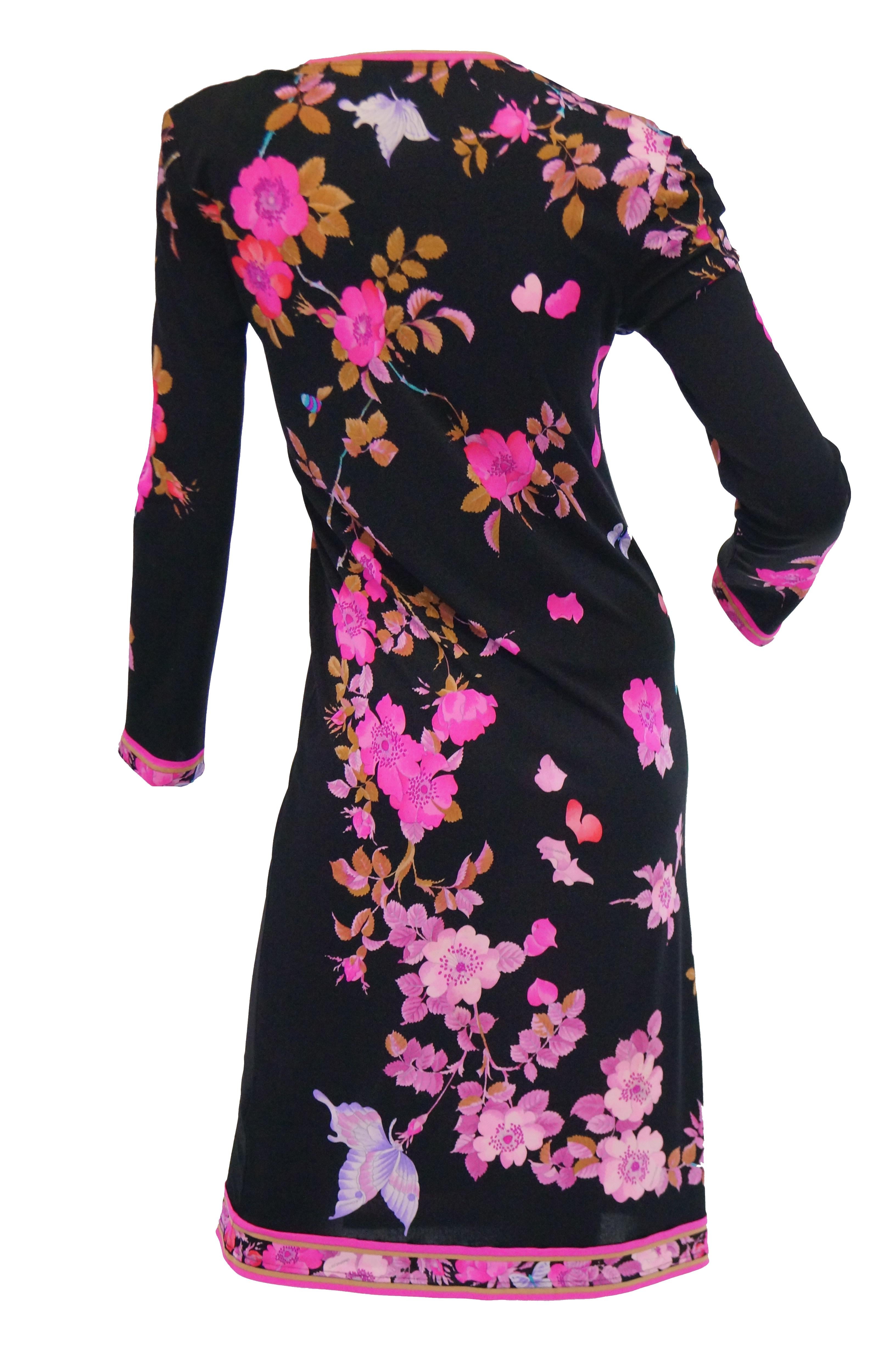 Women's 1960s Leonard Black & Pink Floral Silk Jersey Midi Dress For Sale