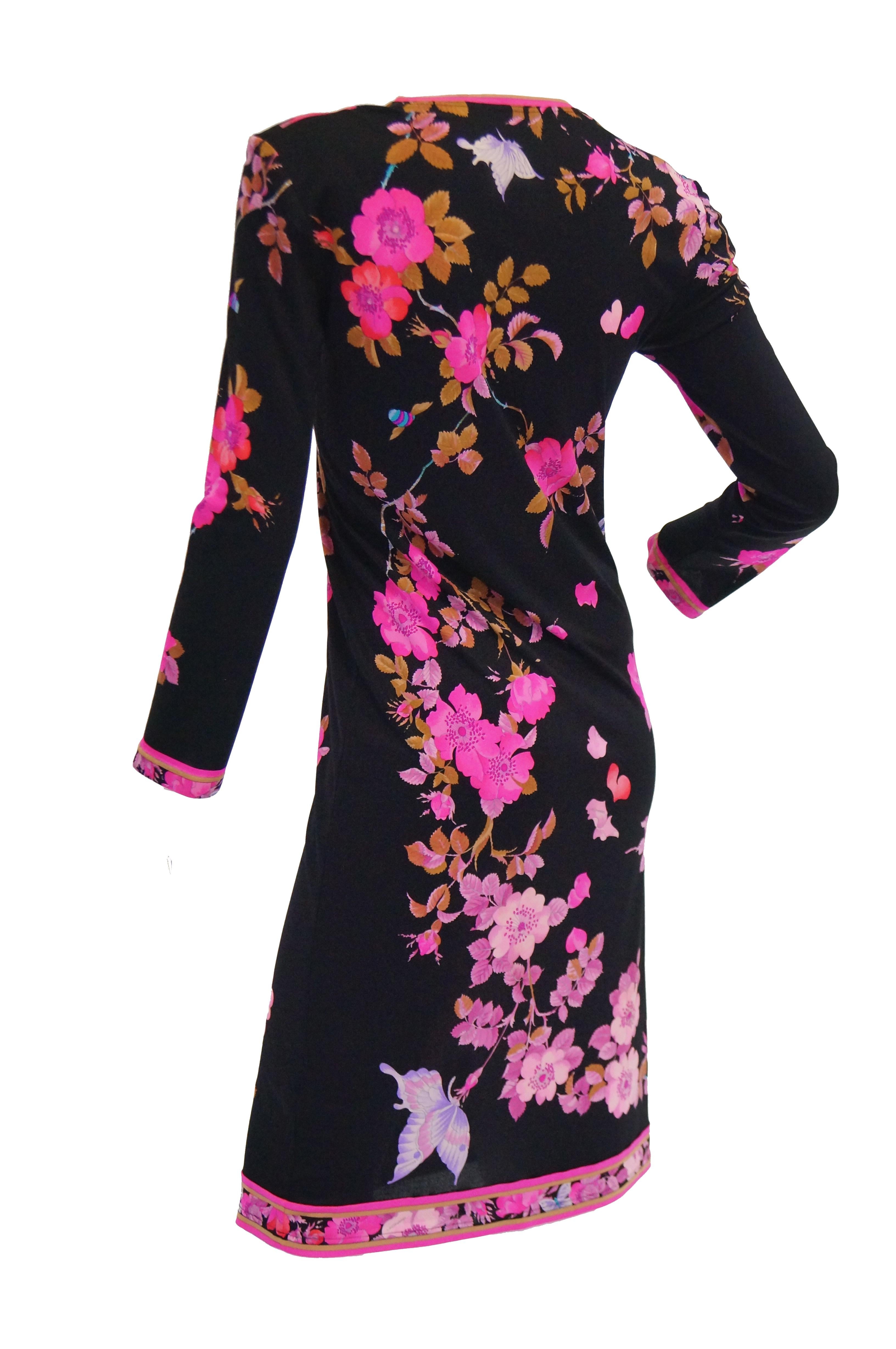 1960s Leonard Black & Pink Floral Silk Jersey Midi Dress For Sale 1