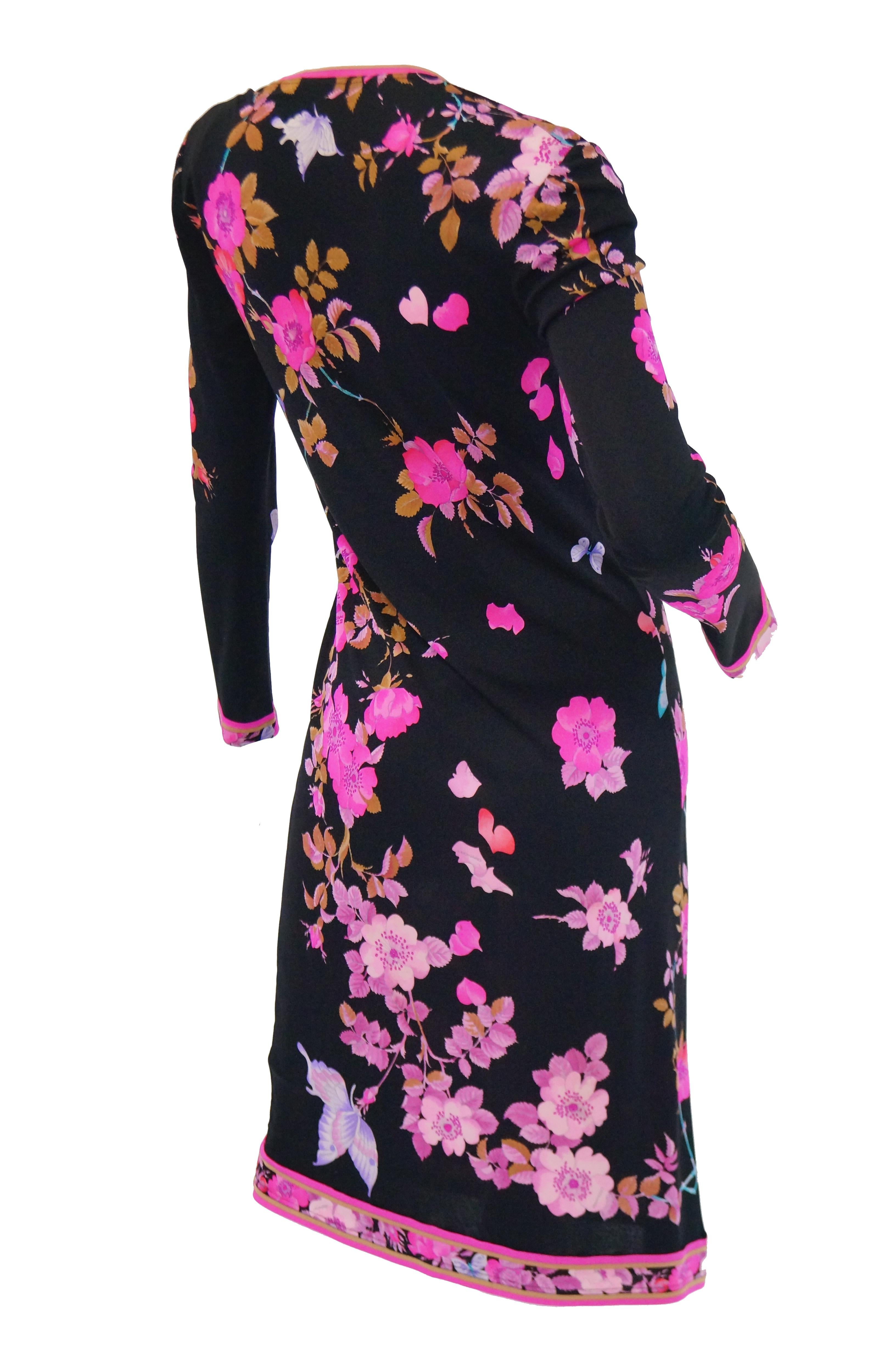 1960s Leonard Black & Pink Floral Silk Jersey Midi Dress For Sale 2