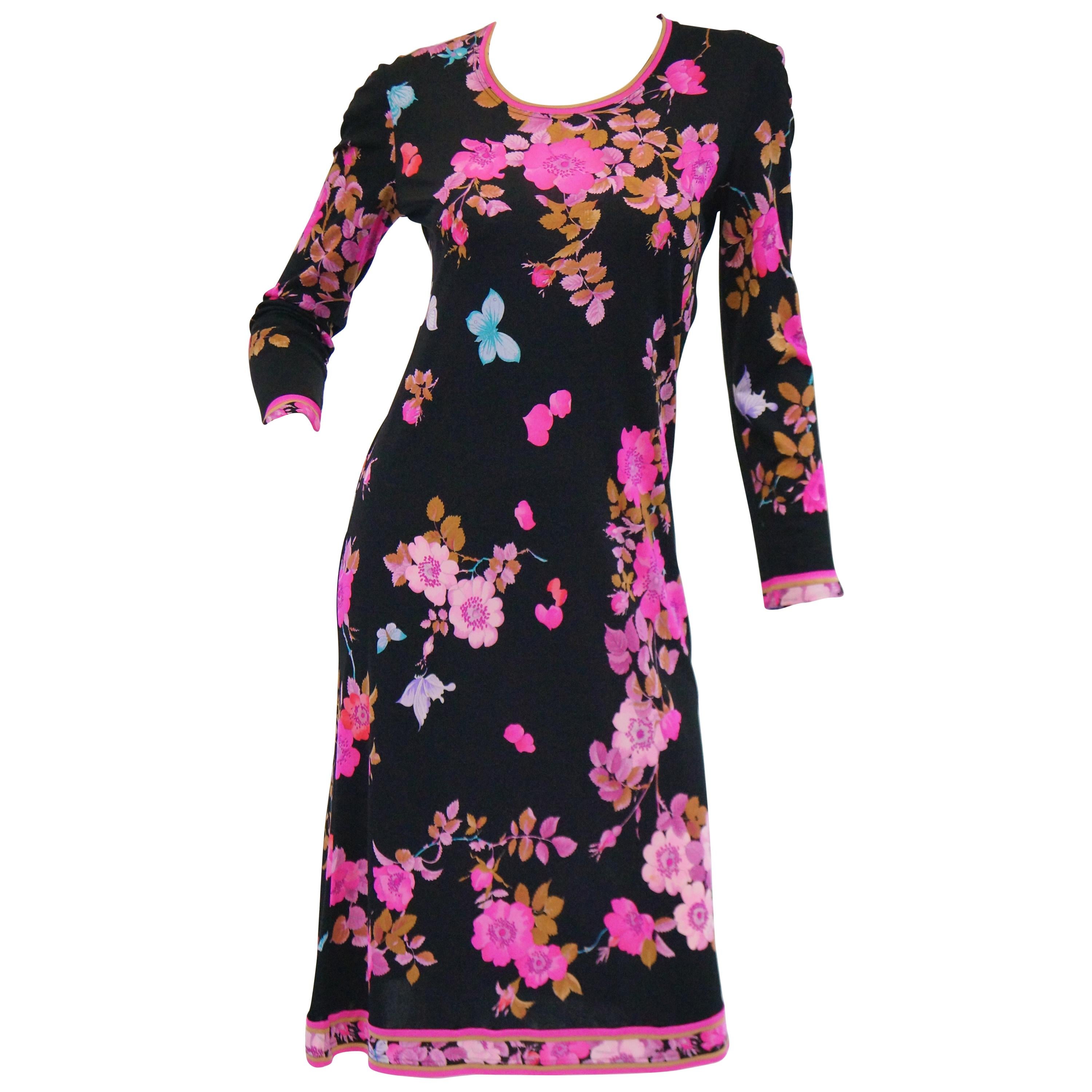 1960s Leonard Black & Pink Floral Silk Jersey Midi Dress For Sale