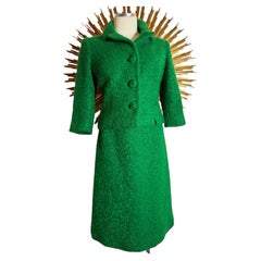 Abito con gonna a ruota anni '60 Leondaca Kelly Green Wool Boucle