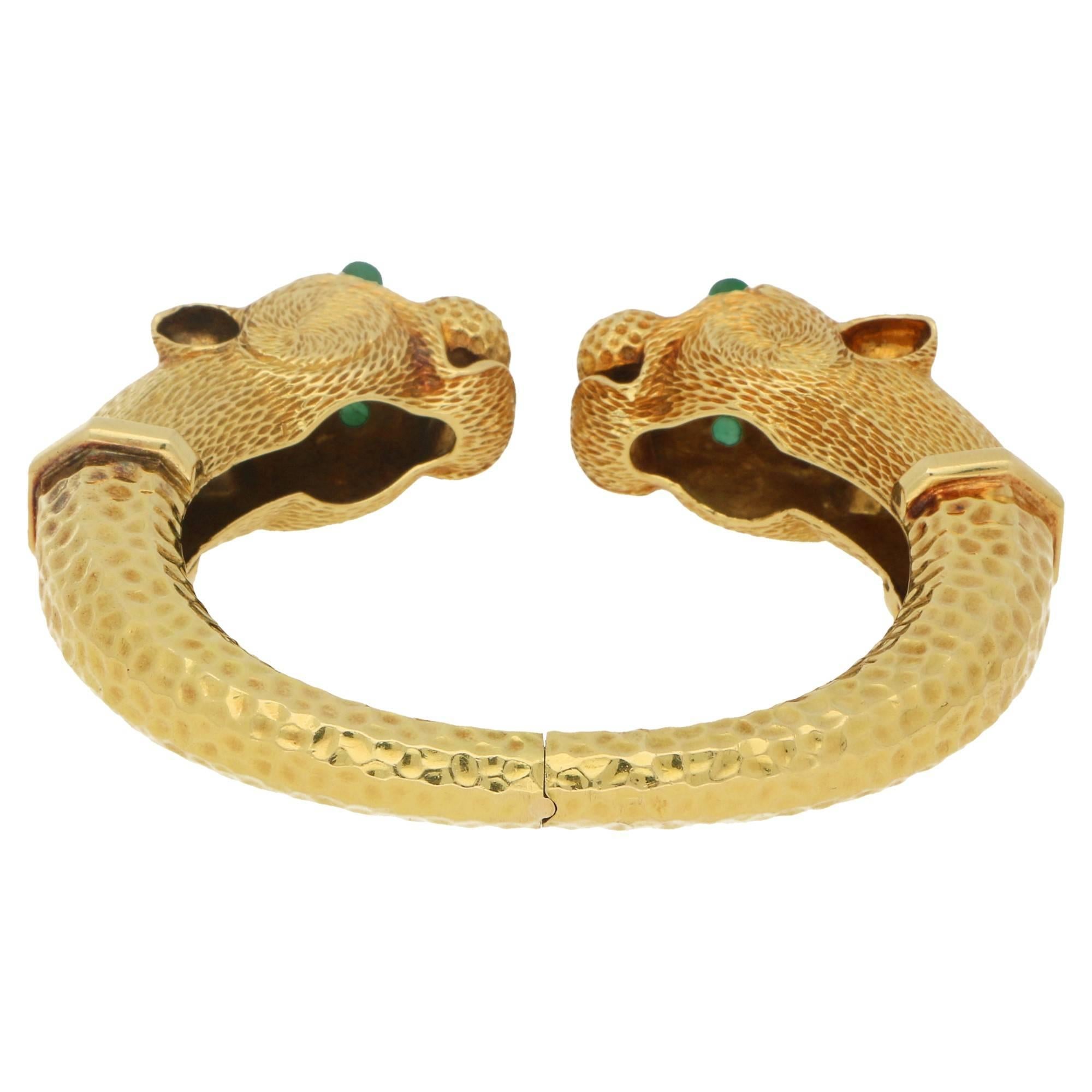 Women's or Men's Circa 1960's Leopard Head  - Gold, Diamond and Gem Set Bangle