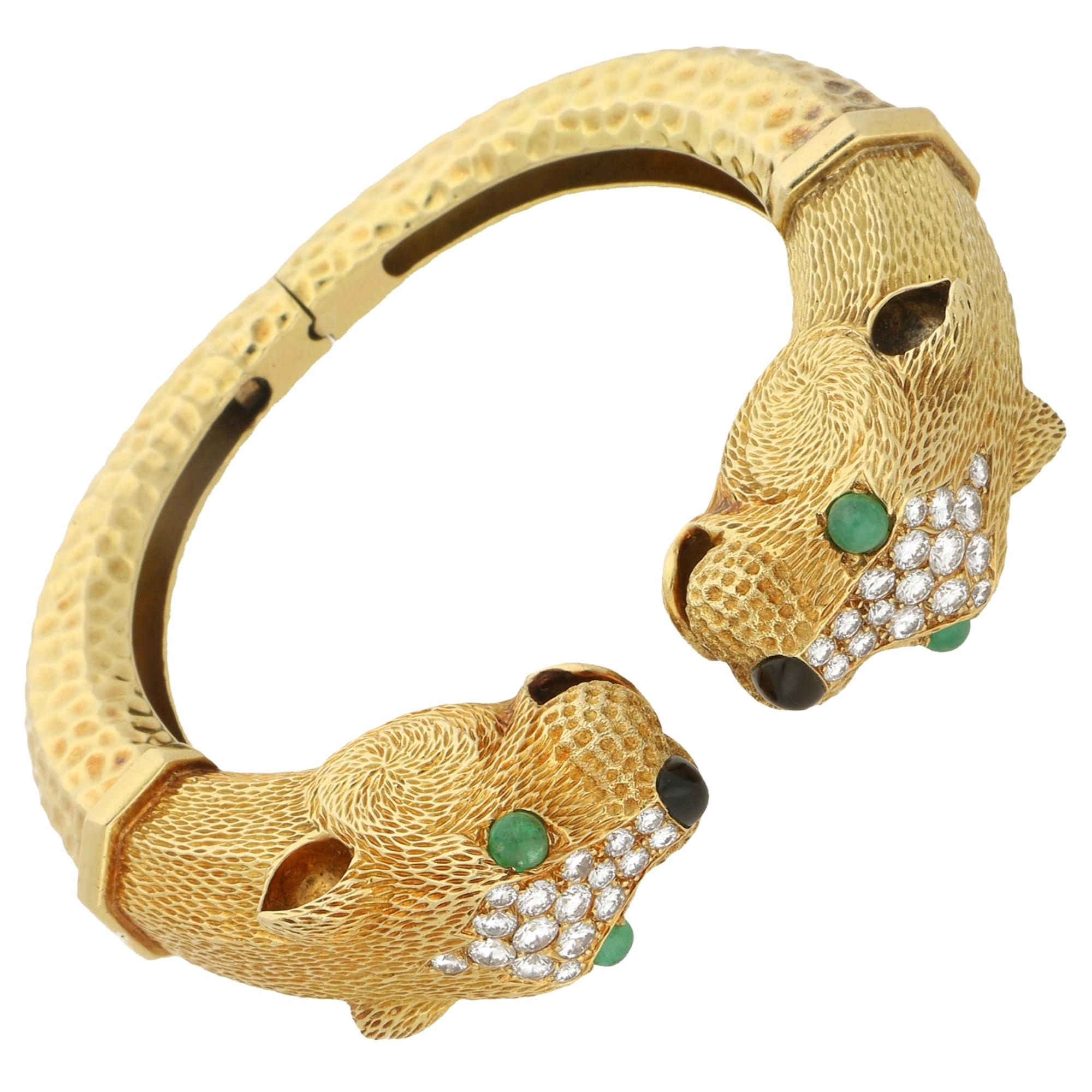 Circa 1960's Leopard Head  - Gold, Diamond and Gem Set Bangle