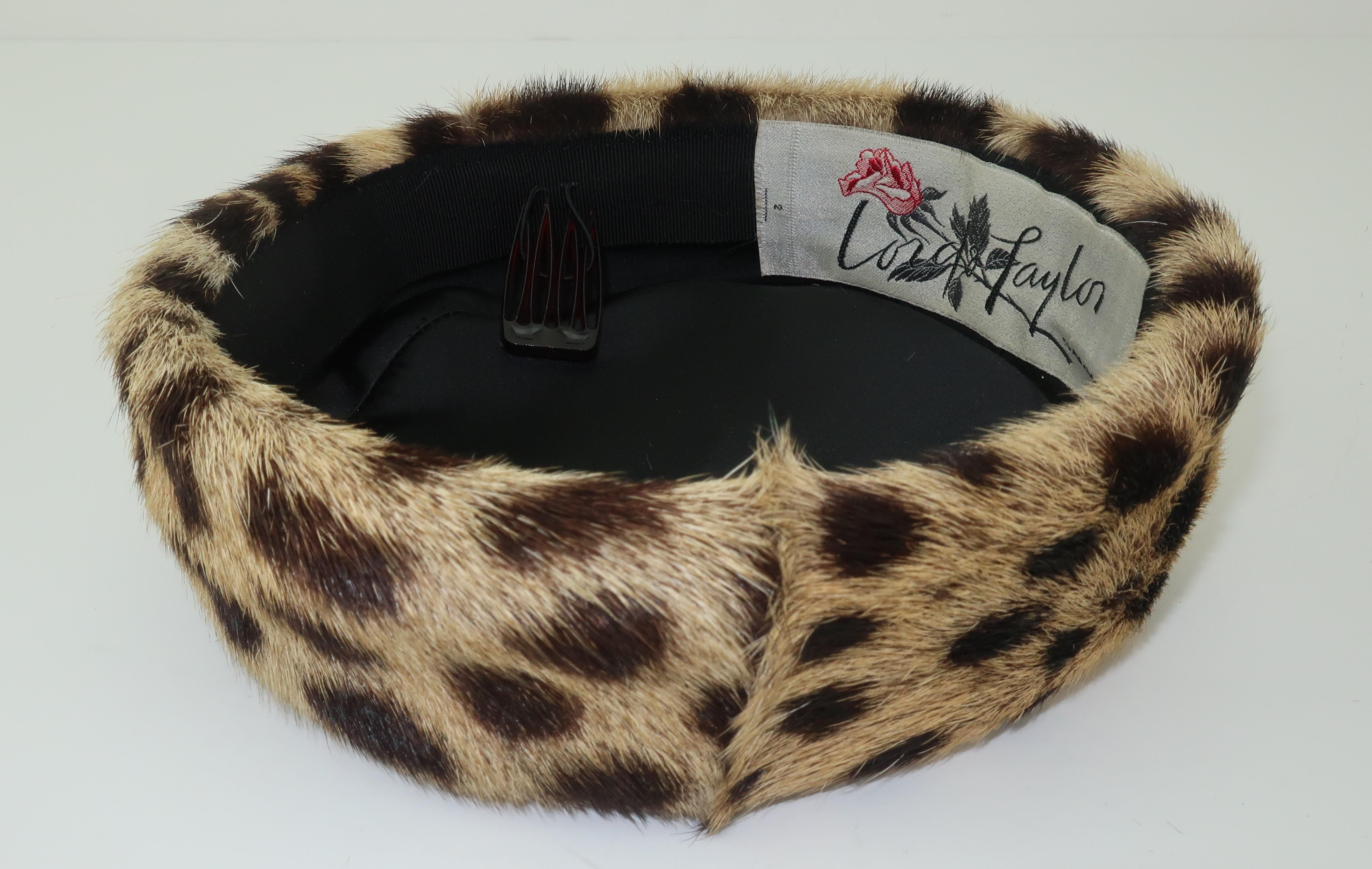 Gray 1960's Leopard Print Fur Pillbox Hat From Lord & Taylor NY