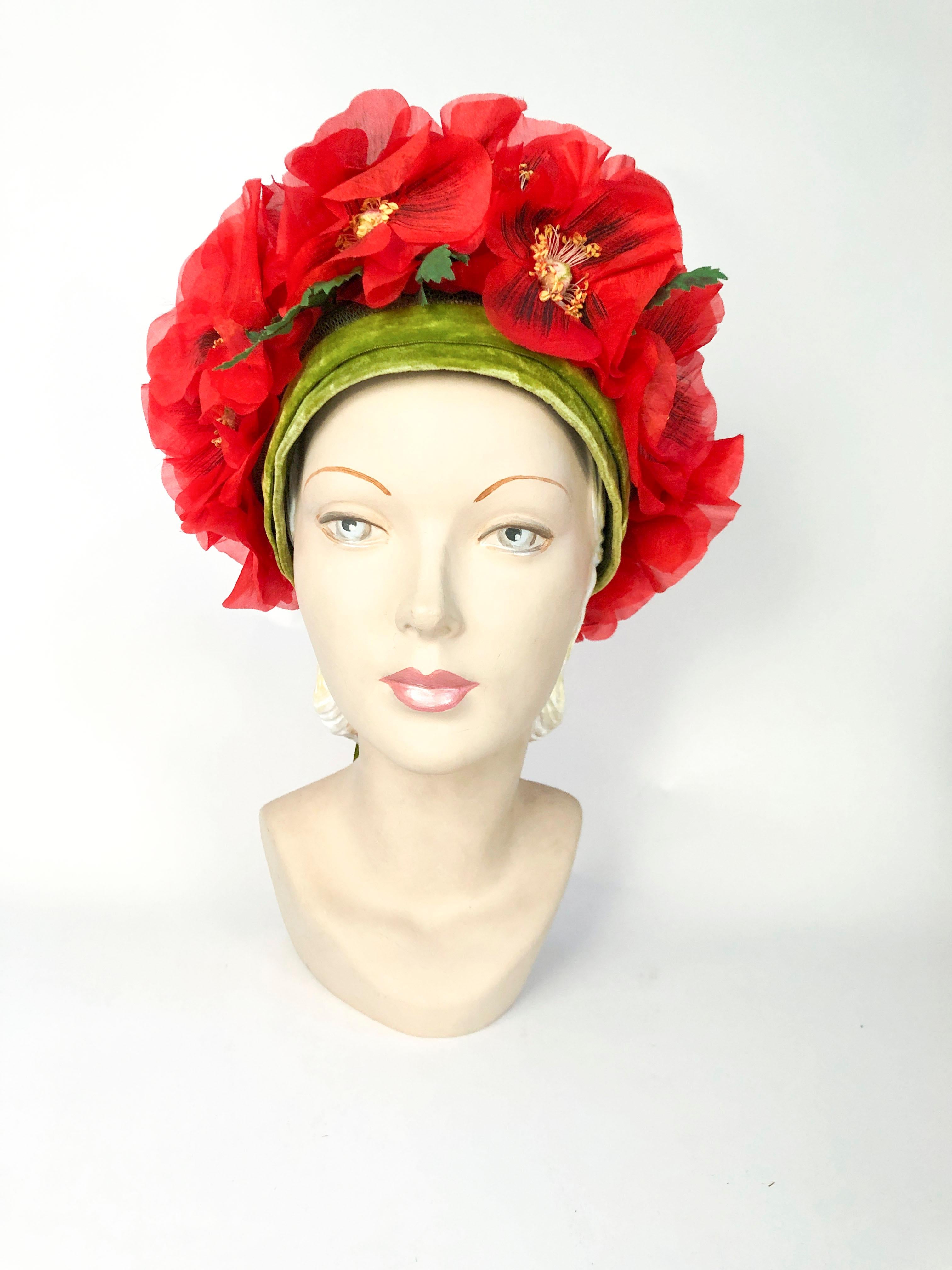 1960s Leslie James High-Fashion Floral Hat with hand cut and hand painted flowers and finished with a green velvet bow and band.