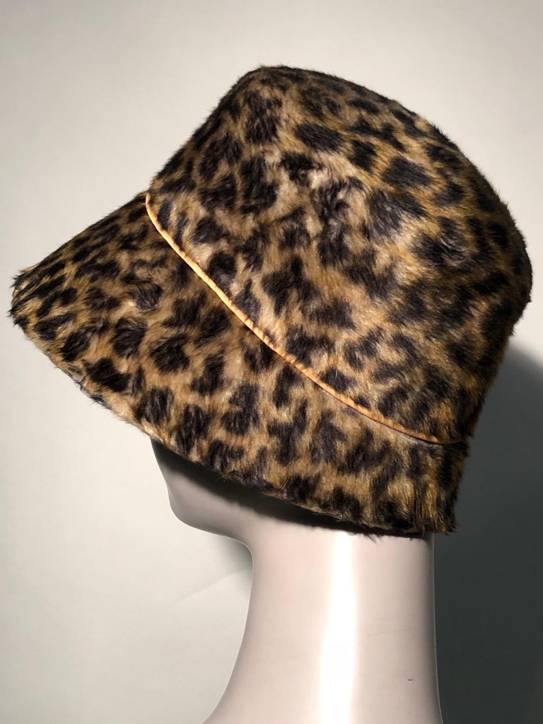 1960s Leslie James Leopard Print Faux Fur Bucket Style Hat W 