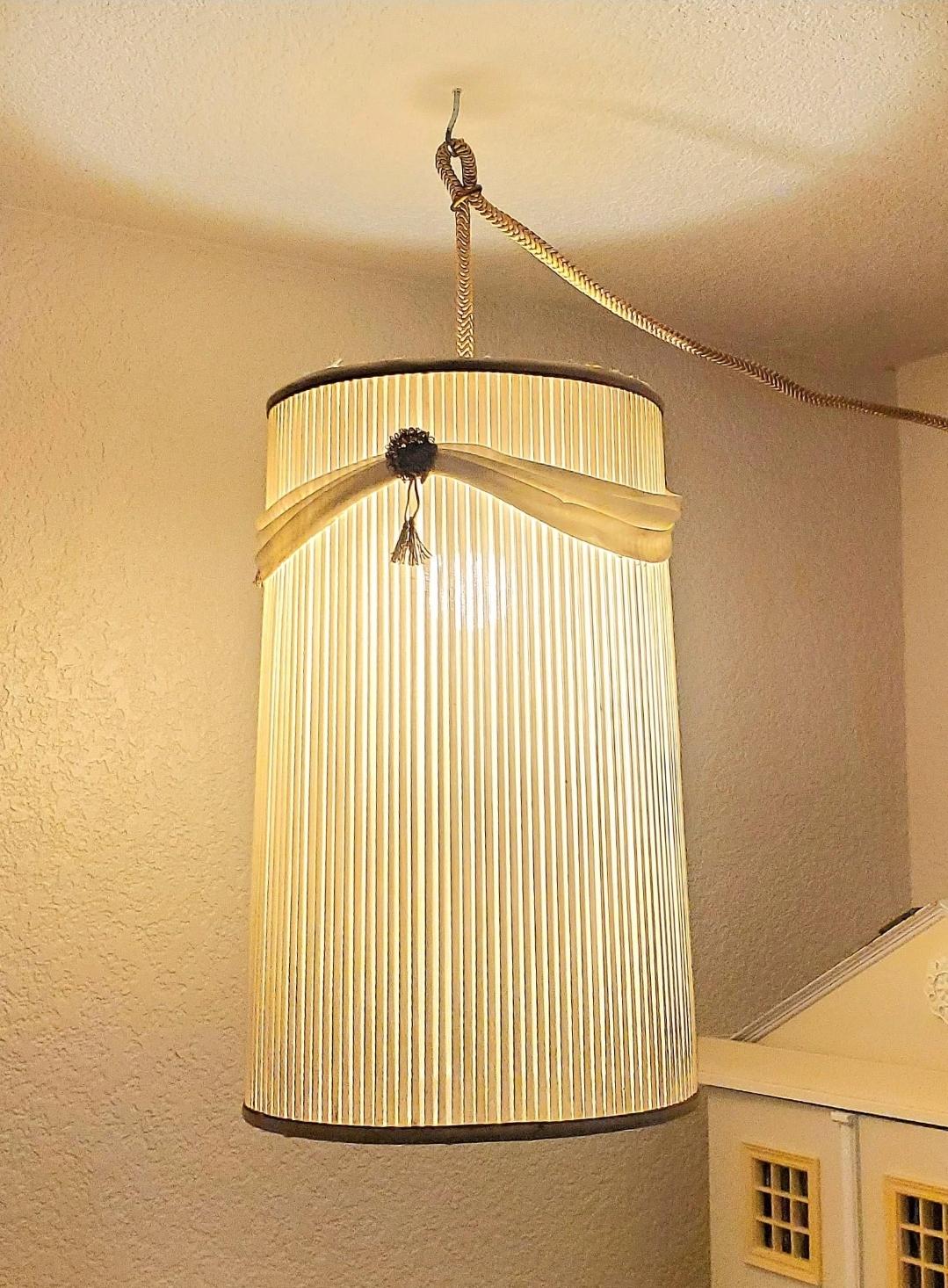 Fabric 1960s Leviton Pleated Drum Pendant Swag Lamp For Sale