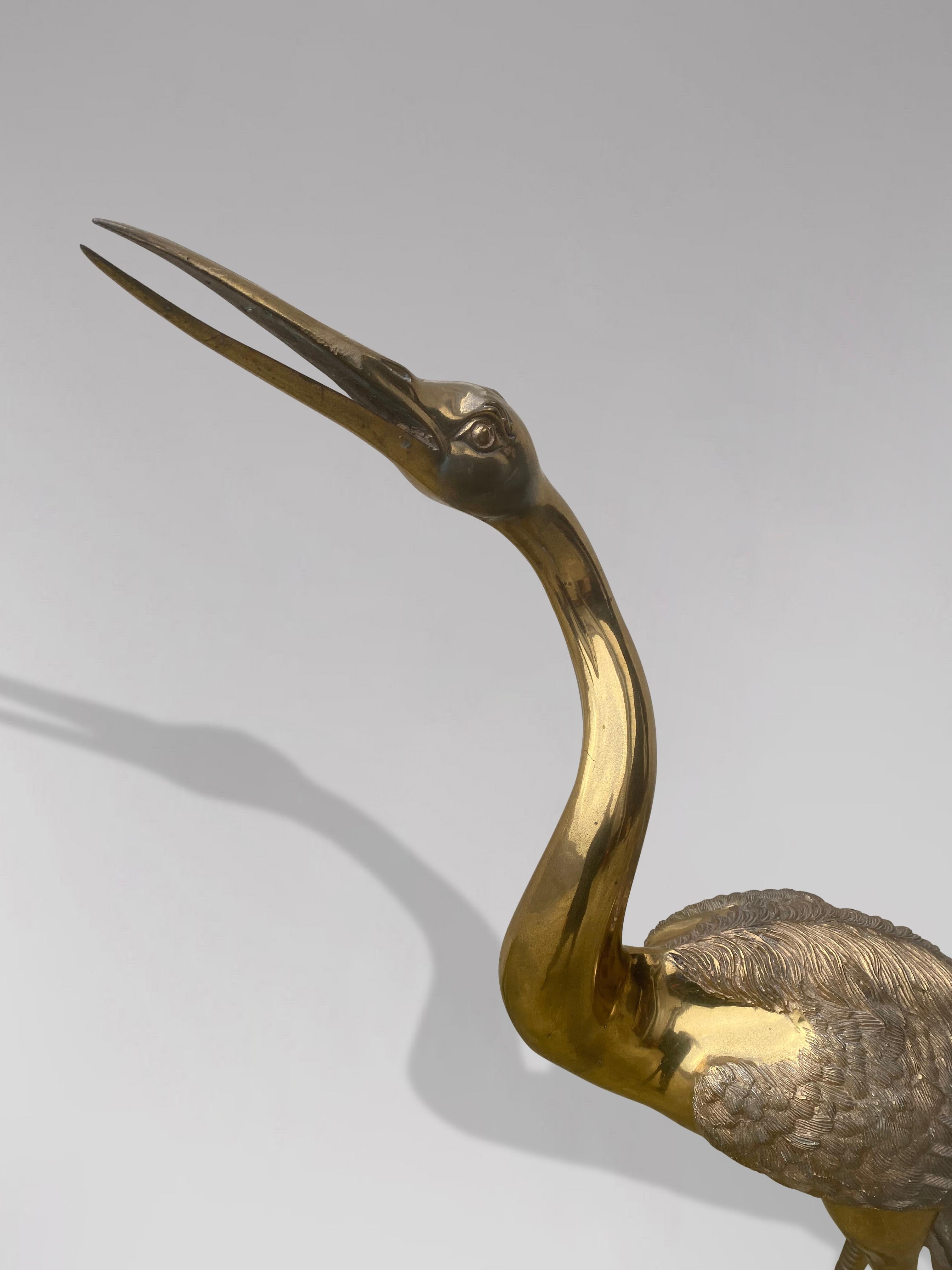 Italian 1960s Life Size Free Standing Solid Brass Heron Sculpture