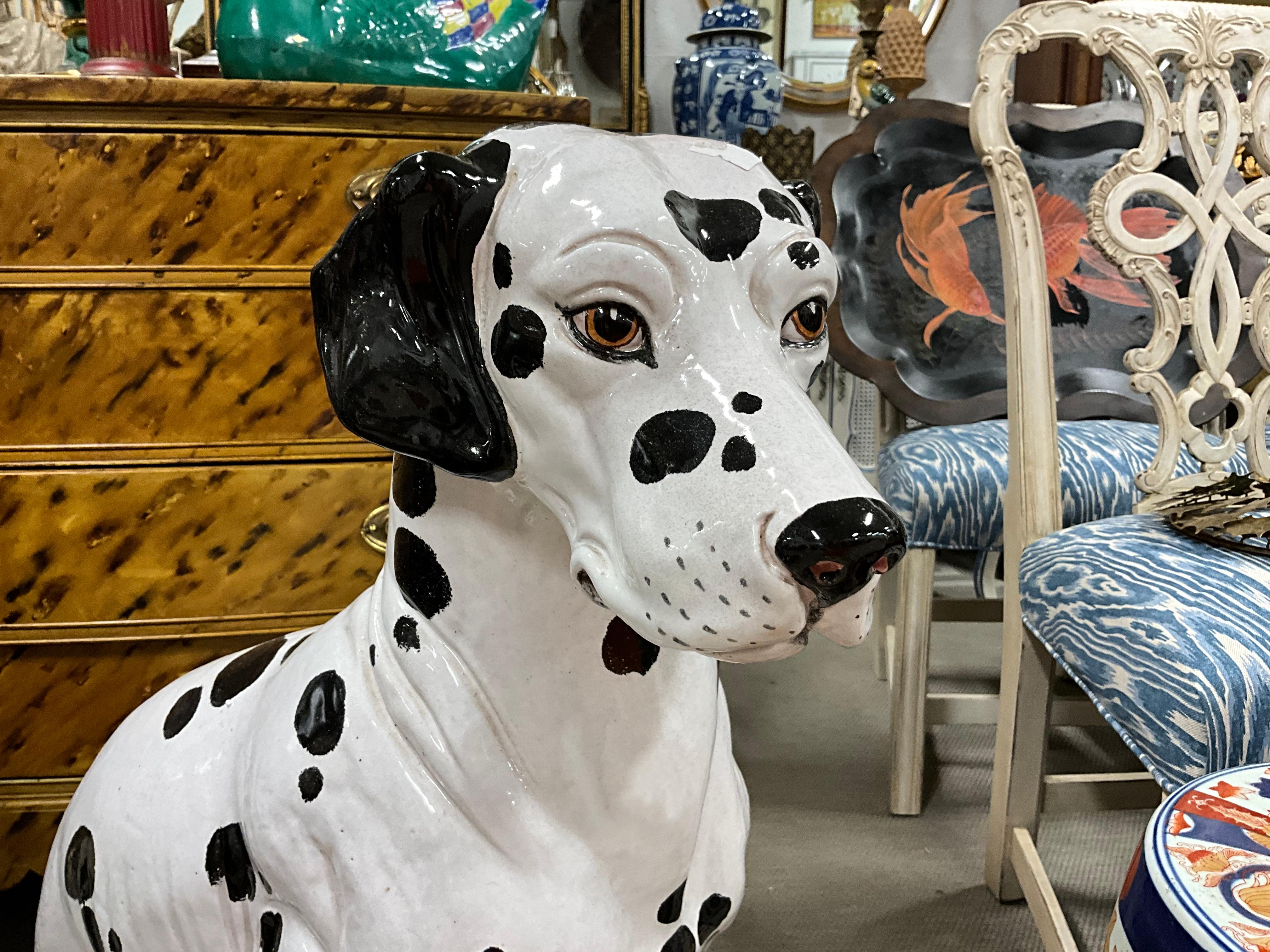 Hollywood Regency 1960s Life Size Italian Terracotta Dalmatian Dog Figurine with Majolica Glaze For Sale