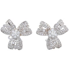 Vintage 1960s Light and Airy Delicate Bow Knot Motif Diamond, White Gold Earclips