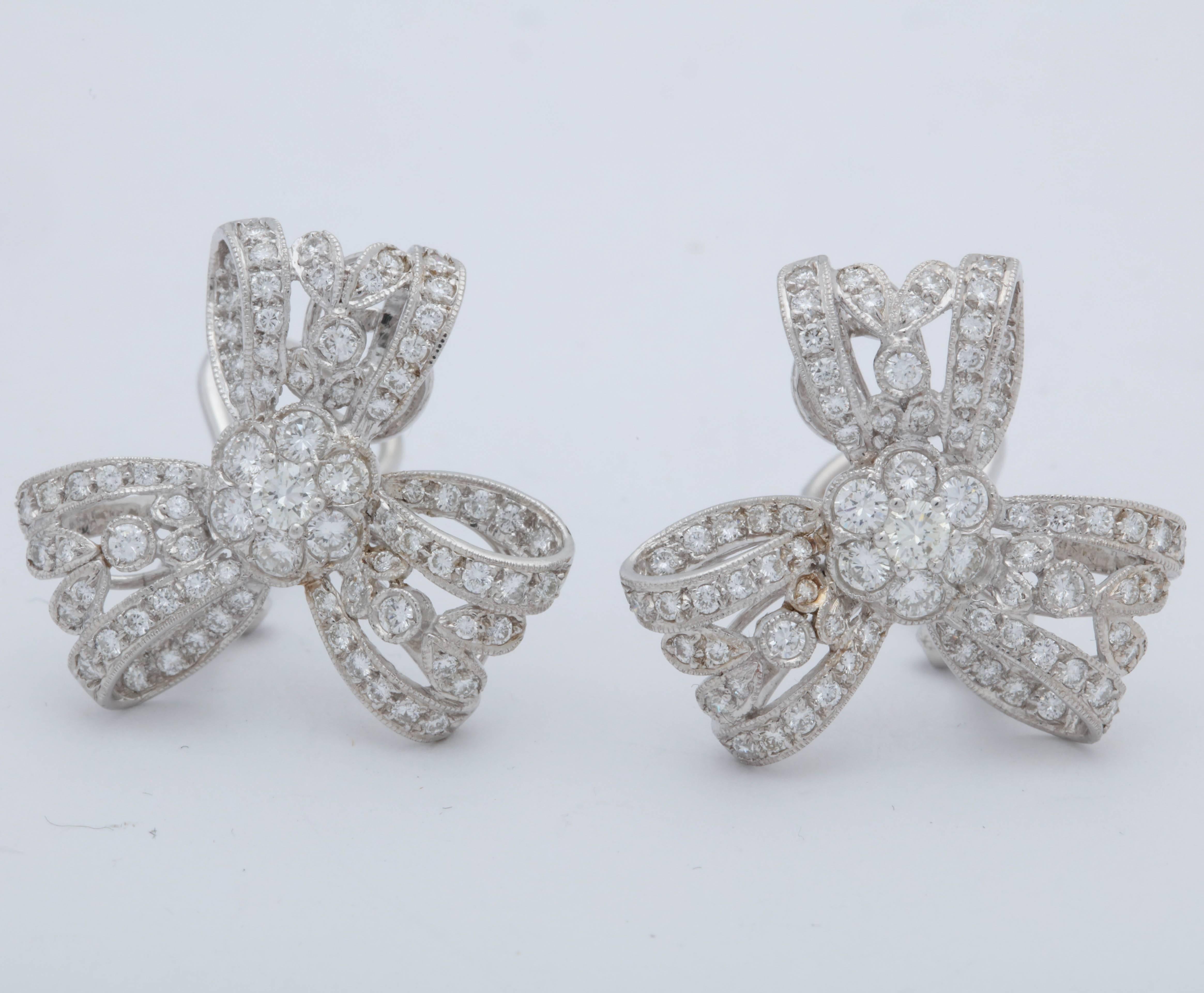 1960s Light and Airy Delicate Bow Knot Motif Diamond, White Gold Earclips 1