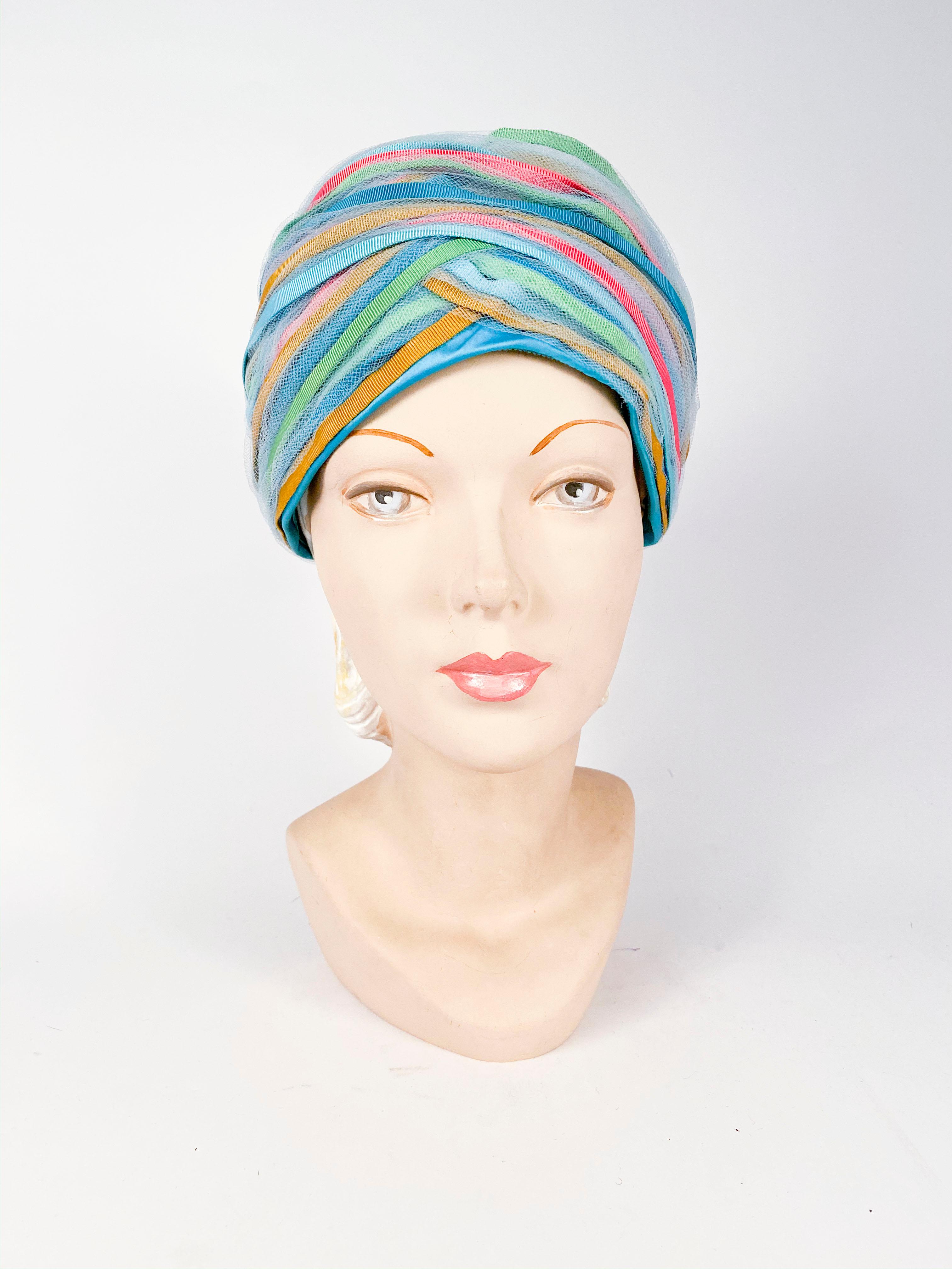 Gray 1960s Light Blue and Multicolored Ribbon Turban
