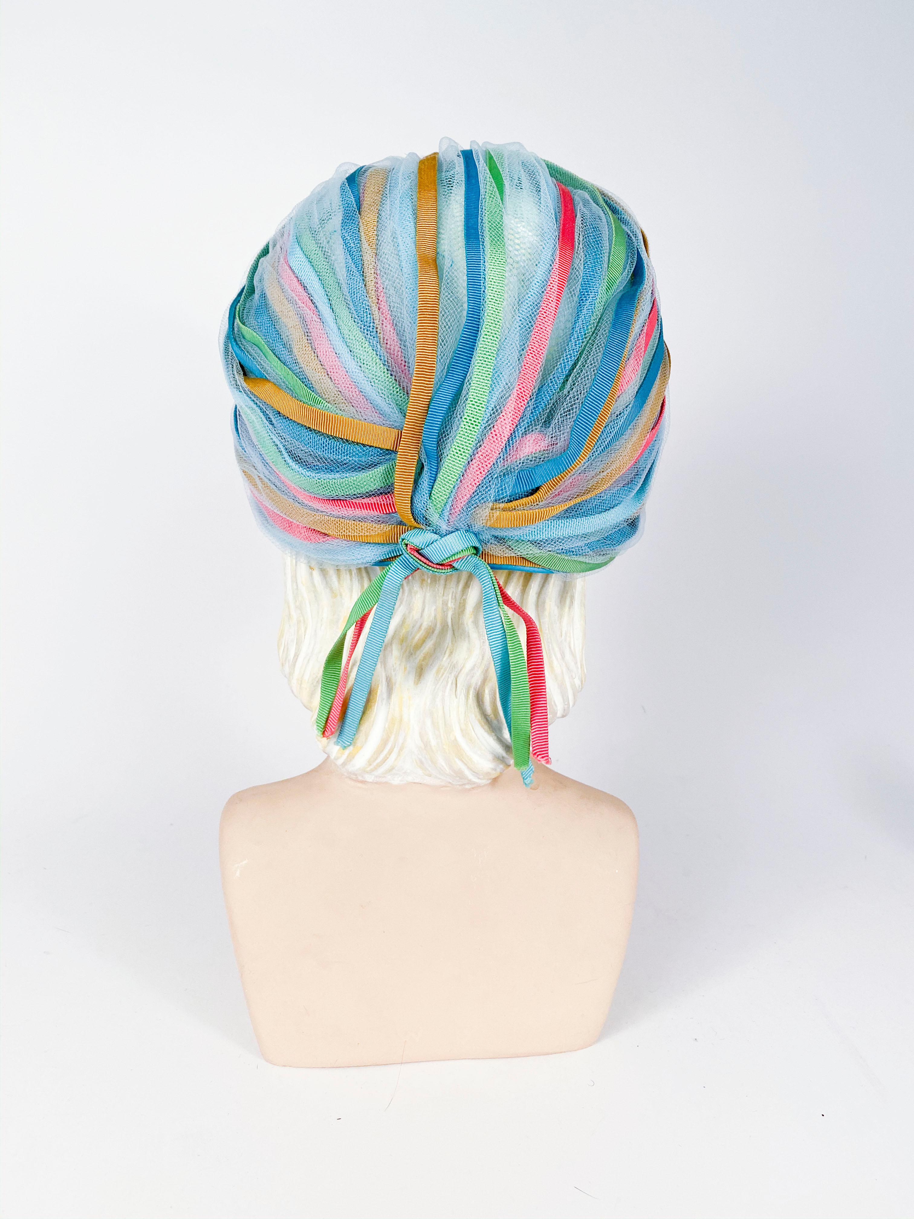 1960s Light Blue and Multicolored Ribbon Turban In Good Condition In San Francisco, CA
