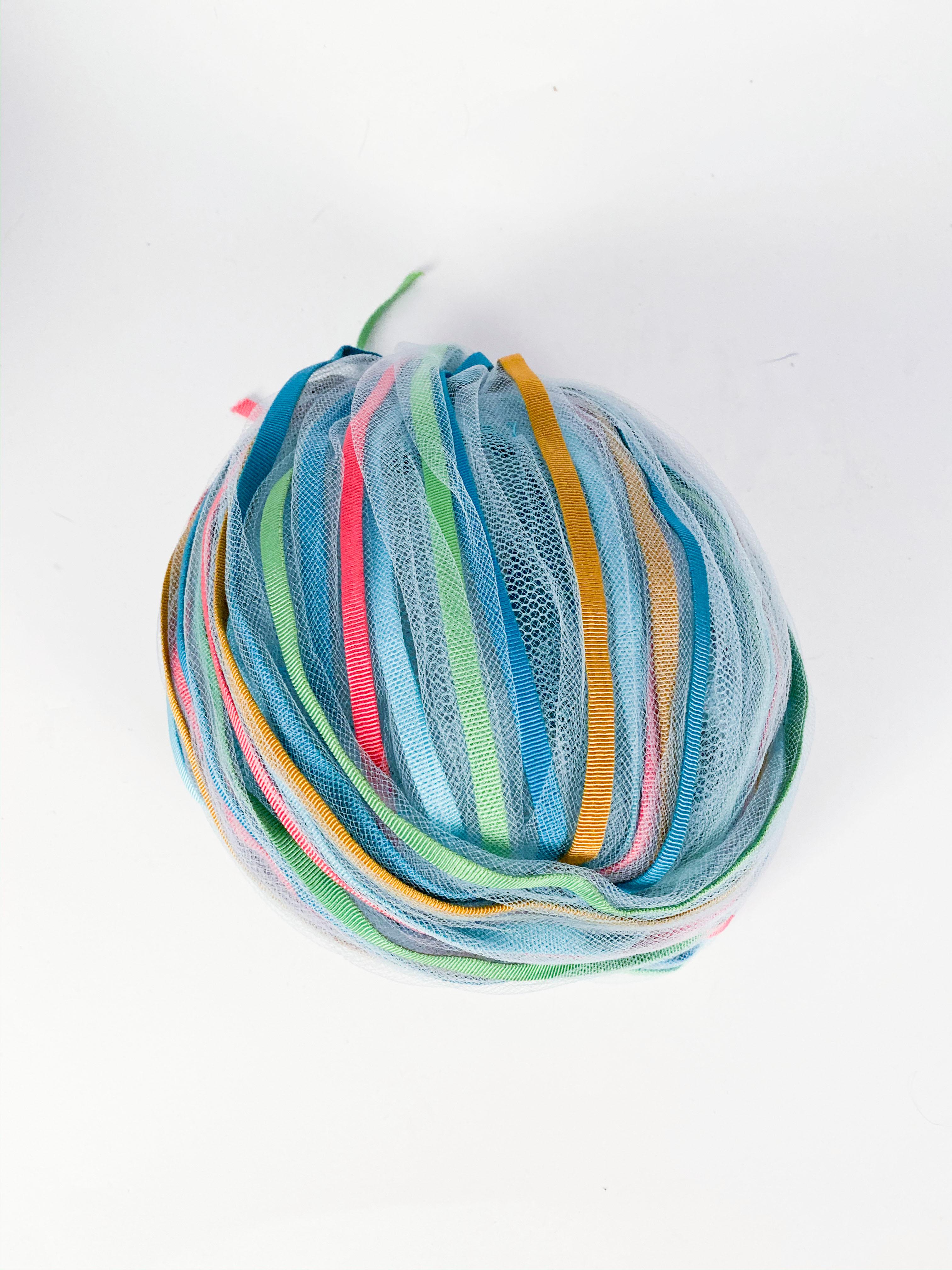 Women's 1960s Light Blue and Multicolored Ribbon Turban