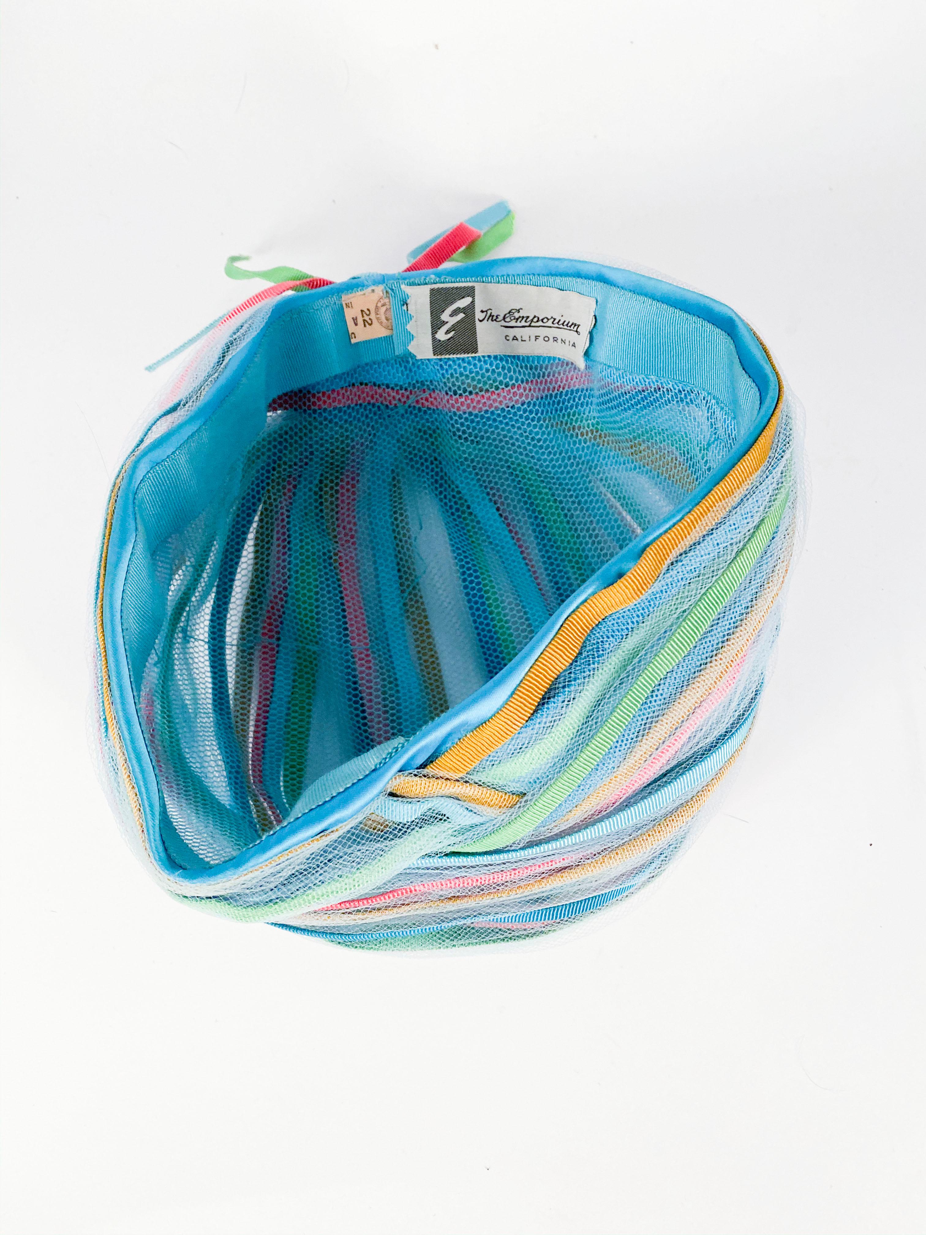 1960s Light Blue and Multicolored Ribbon Turban 1