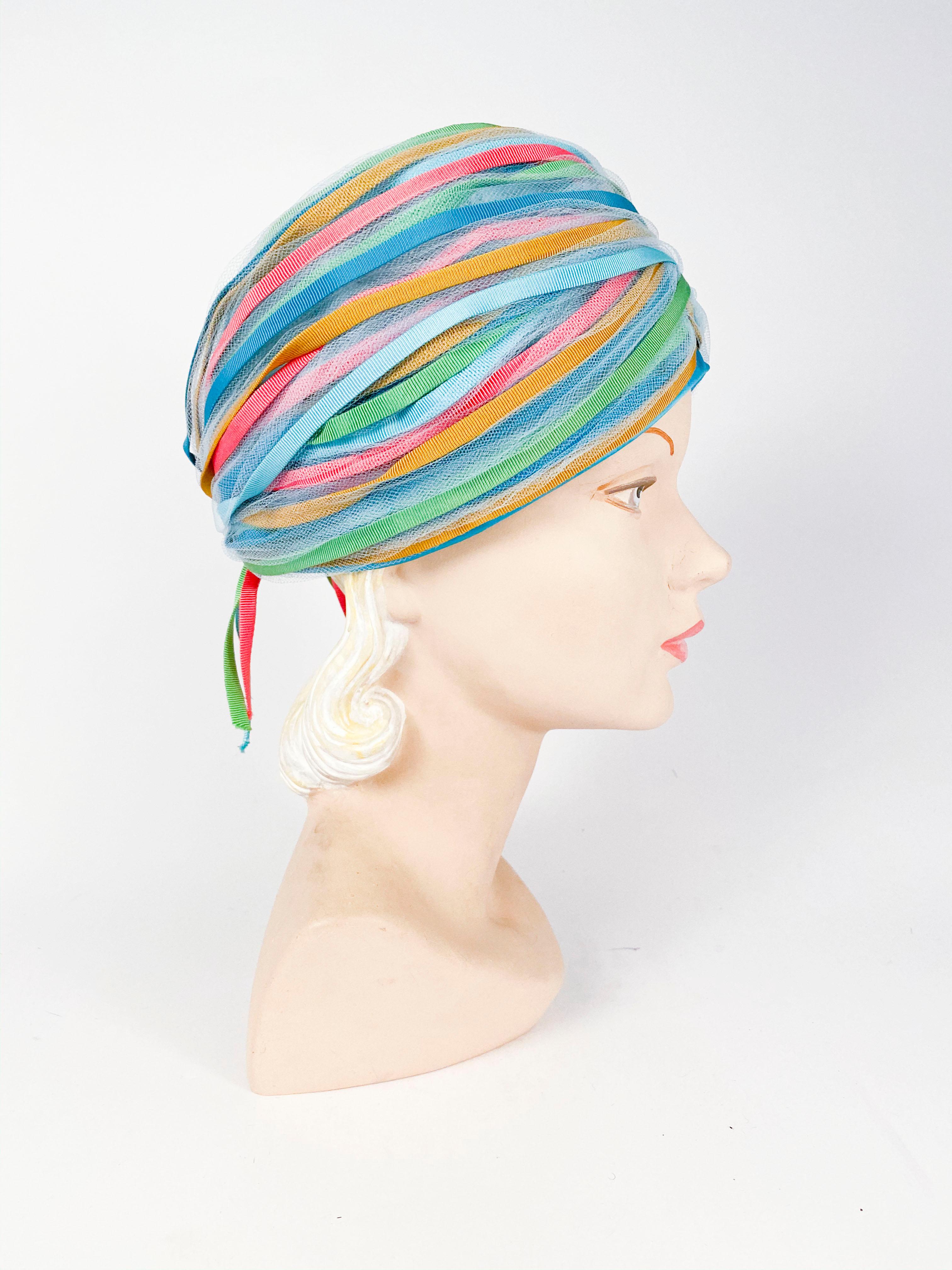 1960s Light Blue and Multicolored Ribbon Turban 2