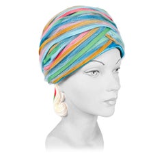 1960s Light Blue and Multicolored Ribbon Turban