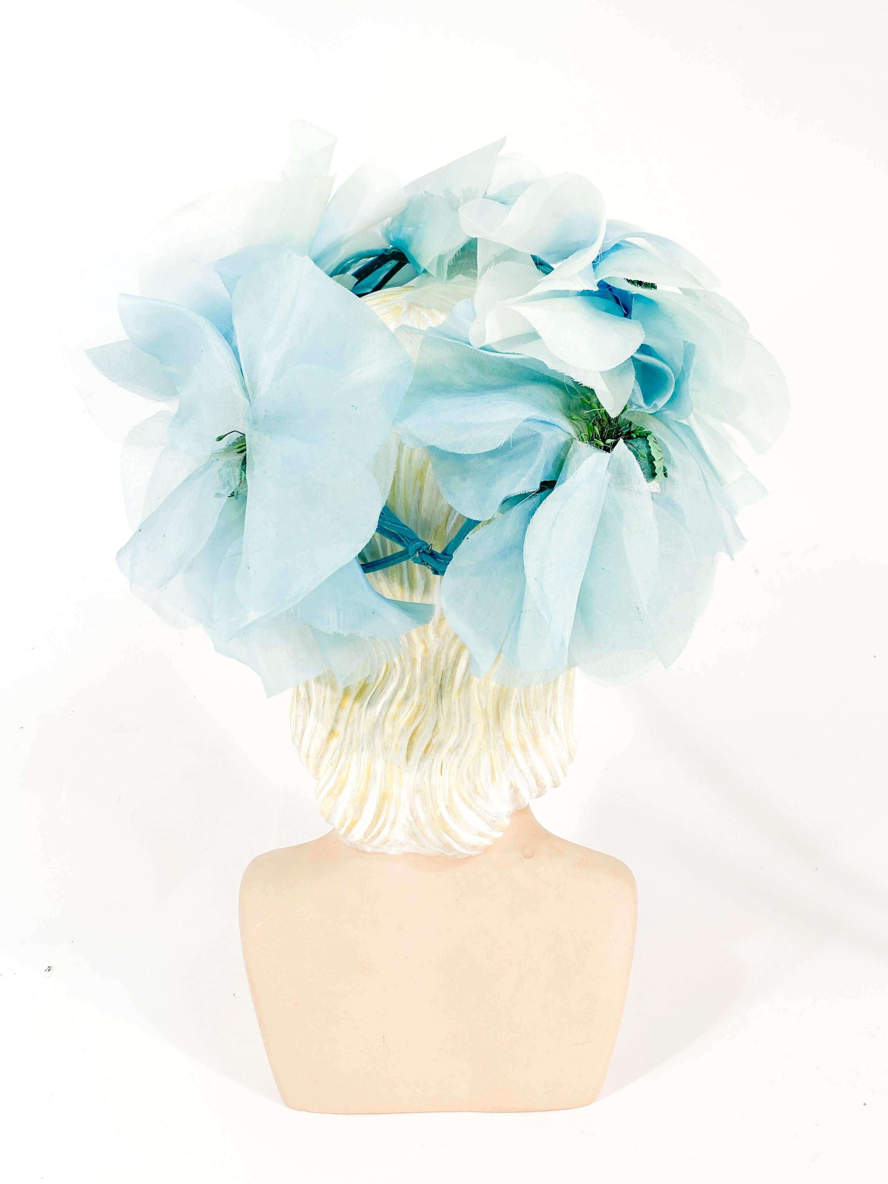Gray 1960s Light Blue Silk Flower Wreath Hat