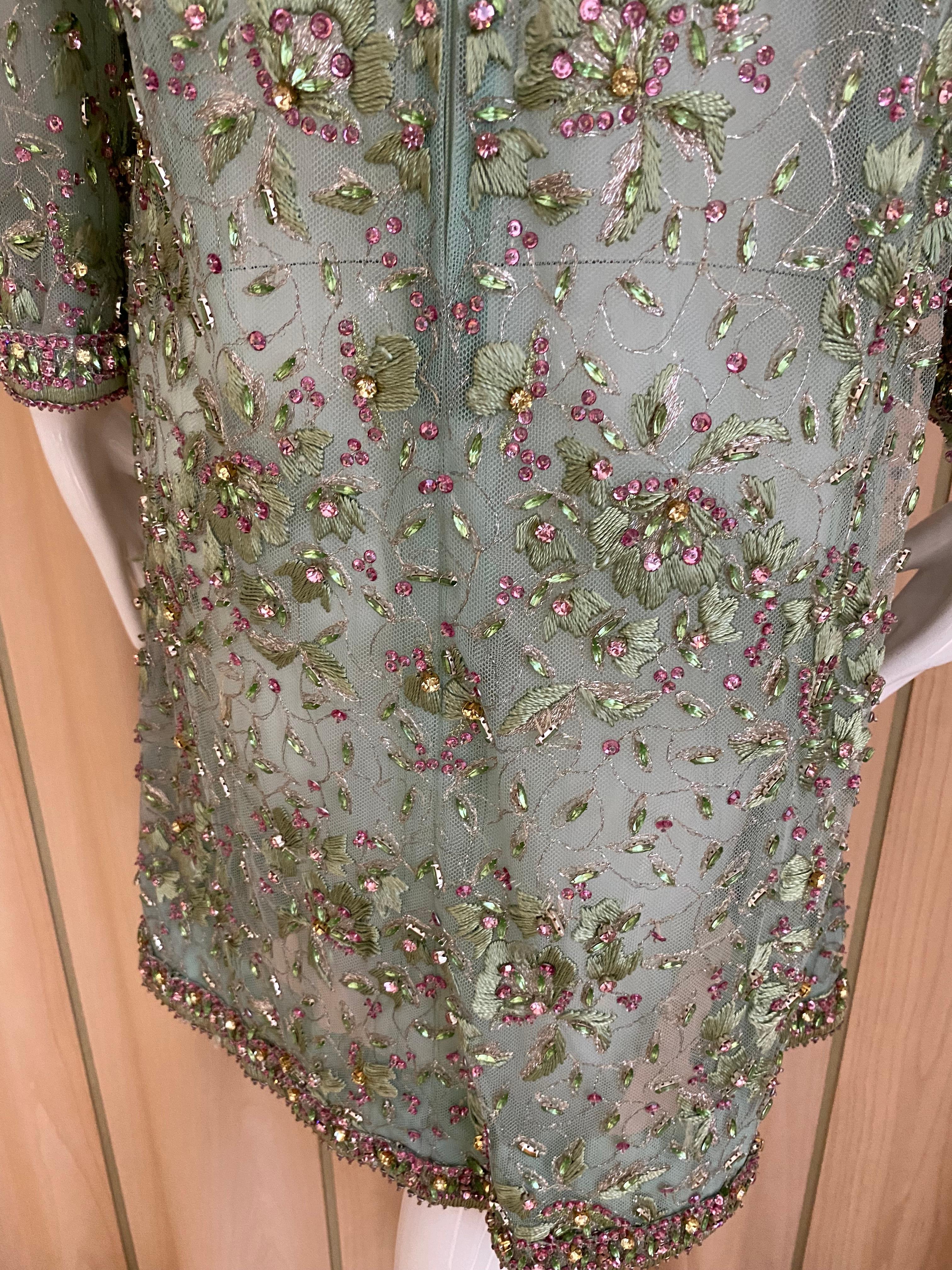 1960s Light Green Cocktail  Dress embellished with Rhinestones  3