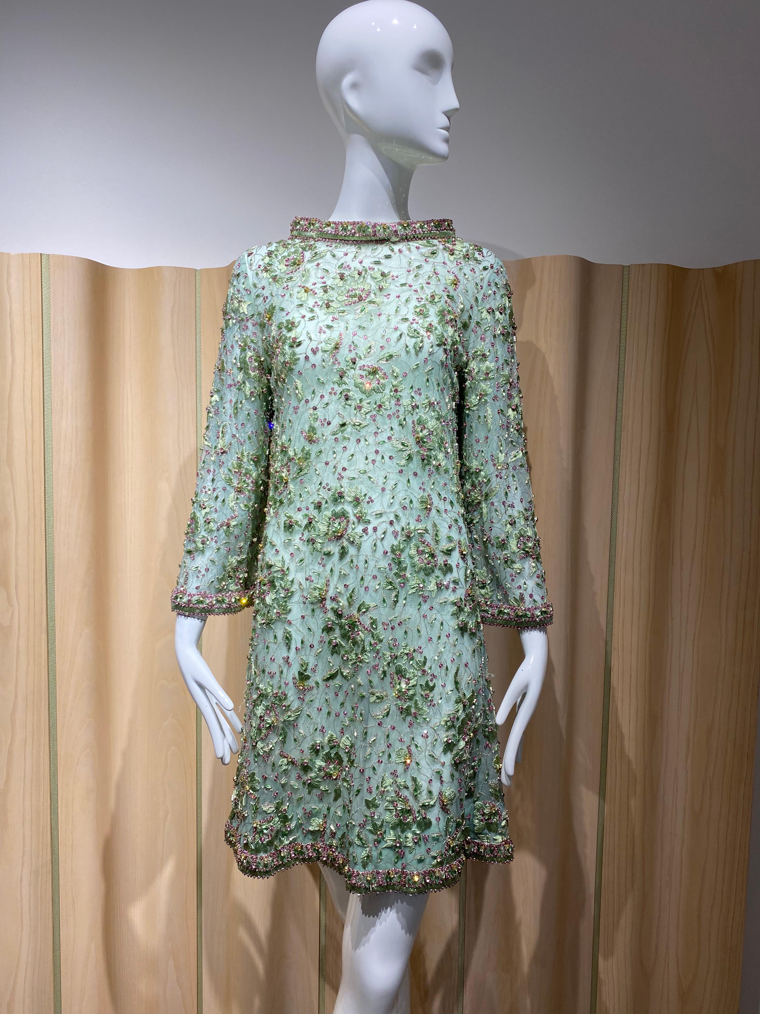 1960s Light Green Cocktail  Dress embellished with Rhinestones  1