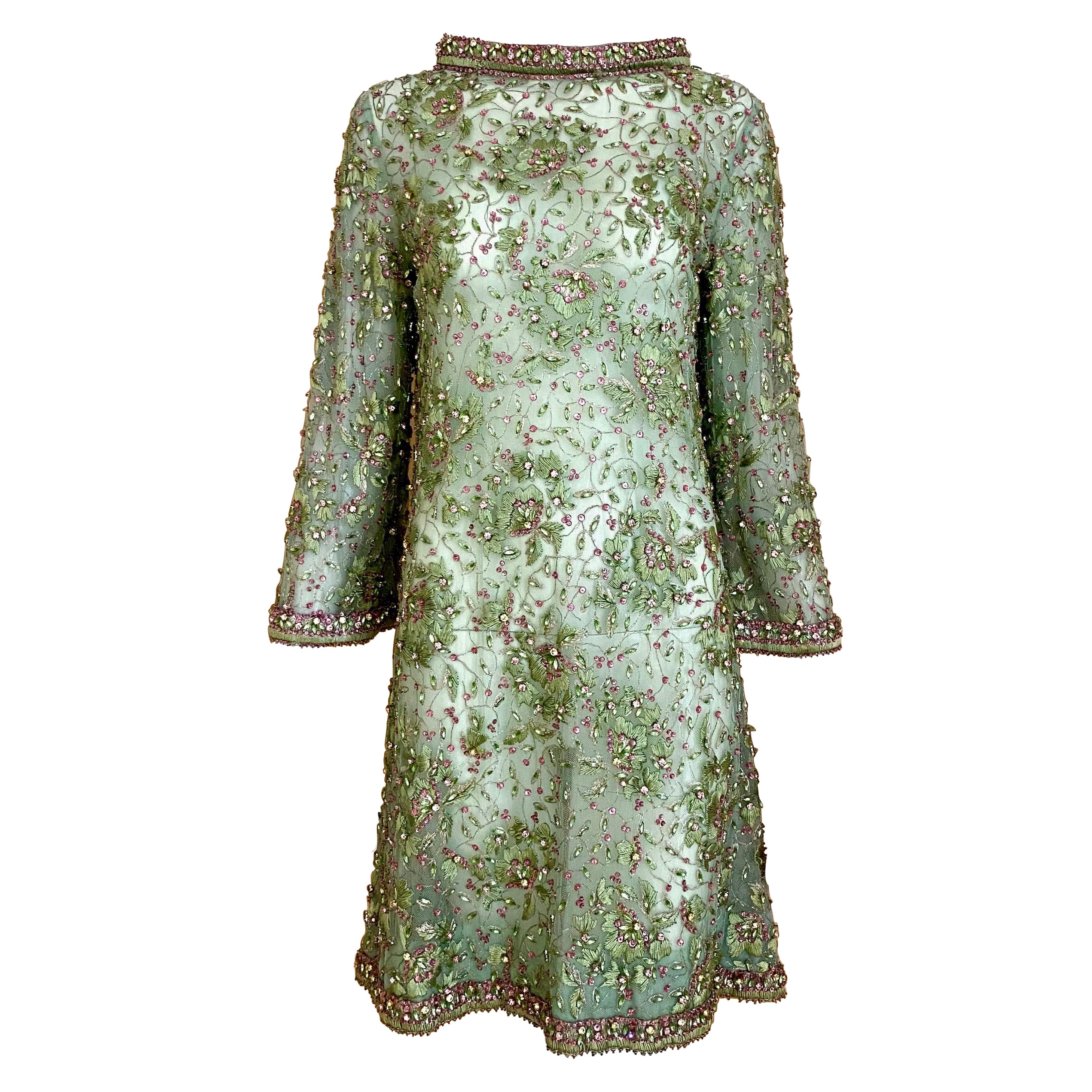 robe de cocktail vert clair des années 1960 ornée de strass