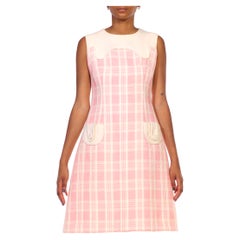 1960S Light Pink & Cream Wool Plaid Mod Dress From France