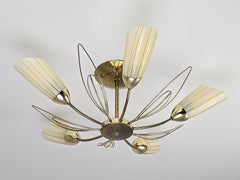1960s Lightolier 5 arms Striped Glass and Brass Flush Mount , USA