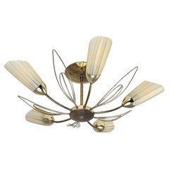 1960s Lightolier 5 arms Striped Glass and Brass Flush Mount , USA