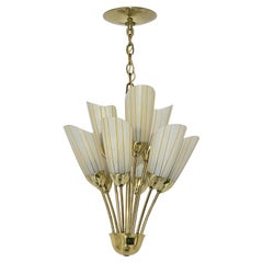 1960s Lightolier 9 Arms Glass and Brass Chandelier , USA